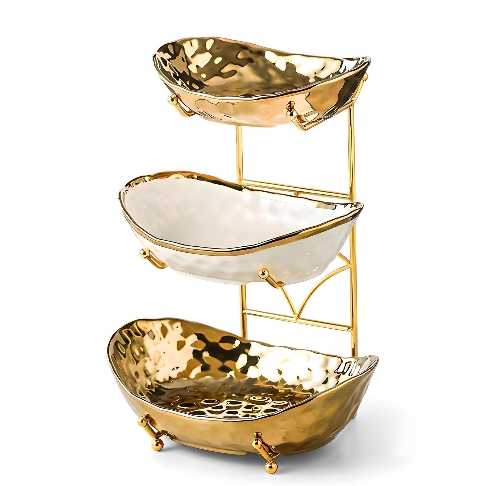 OUAYEMEL 2 Tier/ 3 Tier Fruit Bowl with Metal Stand, Ceramic Fruit Bowl for Home Party Kitchen Counter, Tiered Fruit Basket for Snacks Candy Bread Storage (Gold A, 3 Tier)