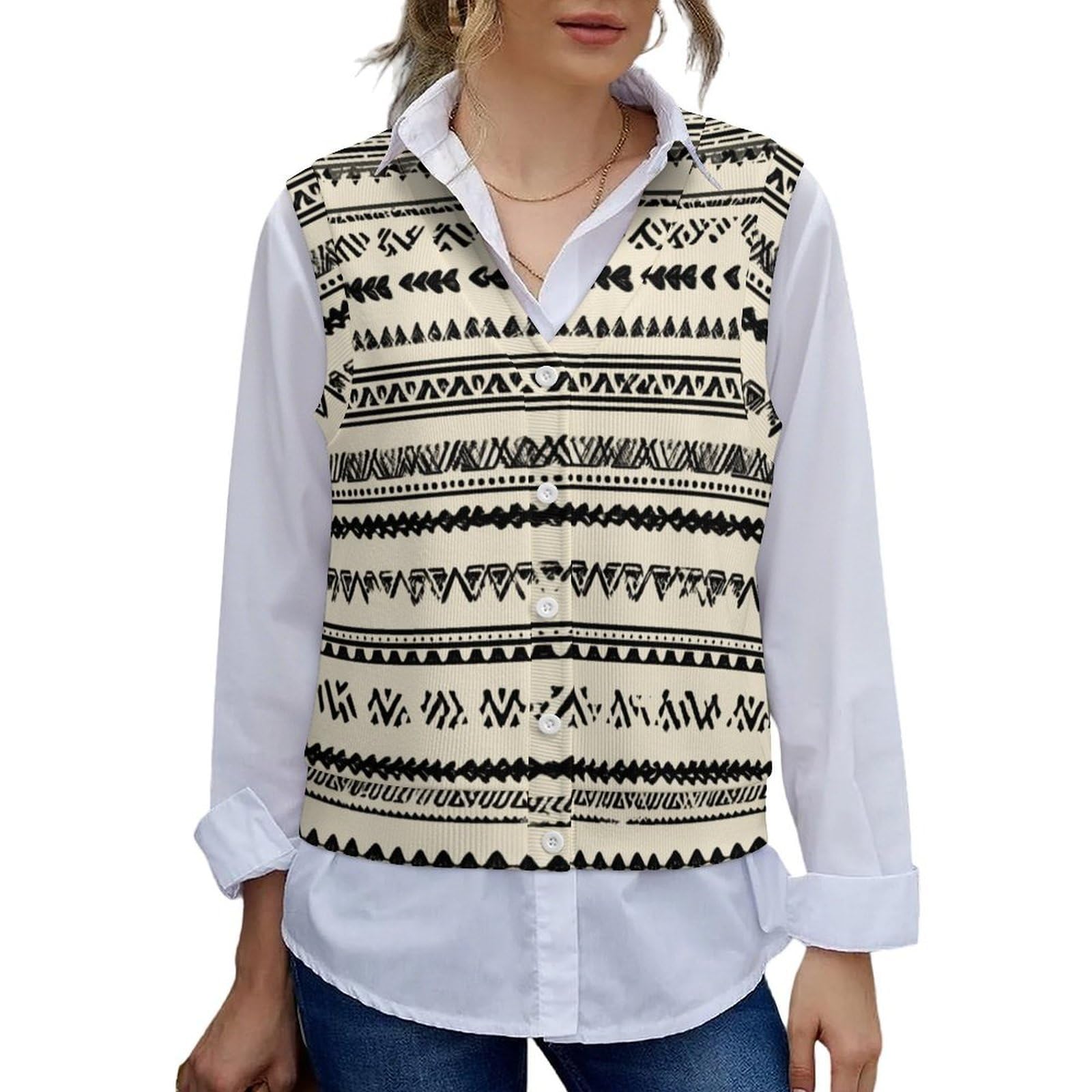 Loose V Neck Button Down Sweater Vest for Women Vintage Floral Print Casual Knit Sleeveless Crop Tank Top