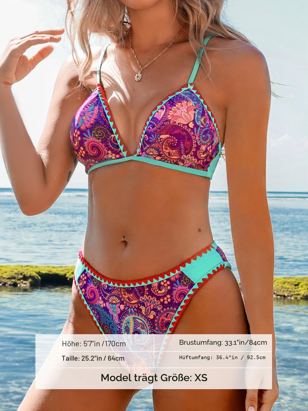 CUPSHE Bikini Damen Set V Ausschnitt Häkelkante Low Waist Swimsuit | Paisley Kontrastpaspel,Bequeme Passform, Sicherer Halt, Für Strand und Pool