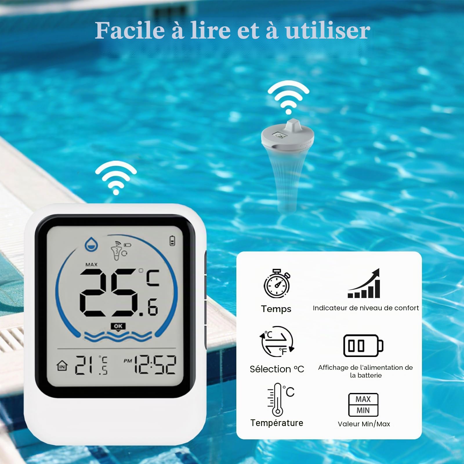 Thermometre Piscine, Thermomètre de Piscine Sans Fil étanche IP68, Thermomètre pour Piscine Numérique Flottant Sans Fil, Thermometre d'eau Intérieur Extérieur pour Aquariums, Baignoires, étangs