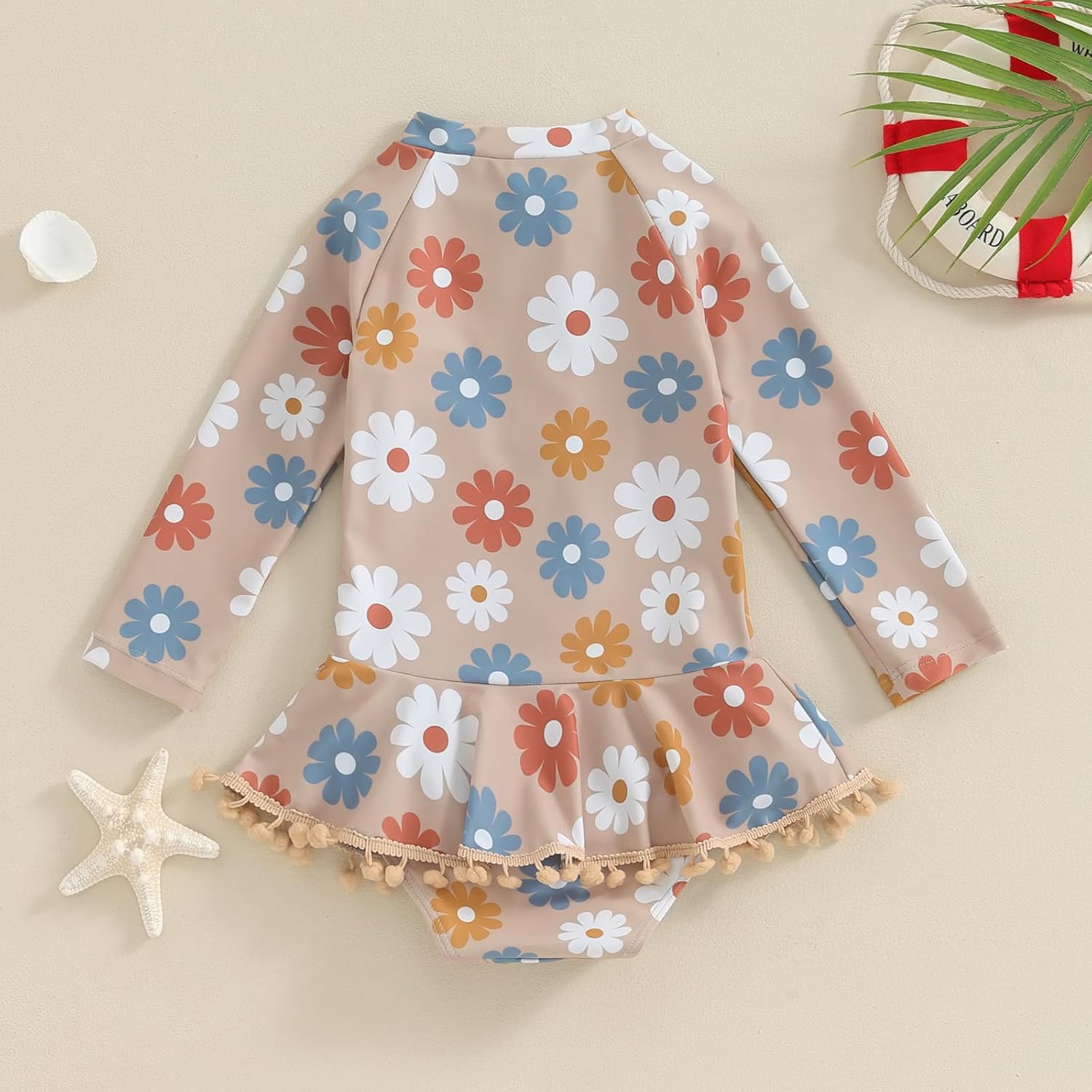 Yccutest Toddler Floral Bathing Suit Girls Long Sleeve Zipper Ruffle Tassel One Piece Swimsuit Kids Rash Guard Swimwear Beach - Image 4
