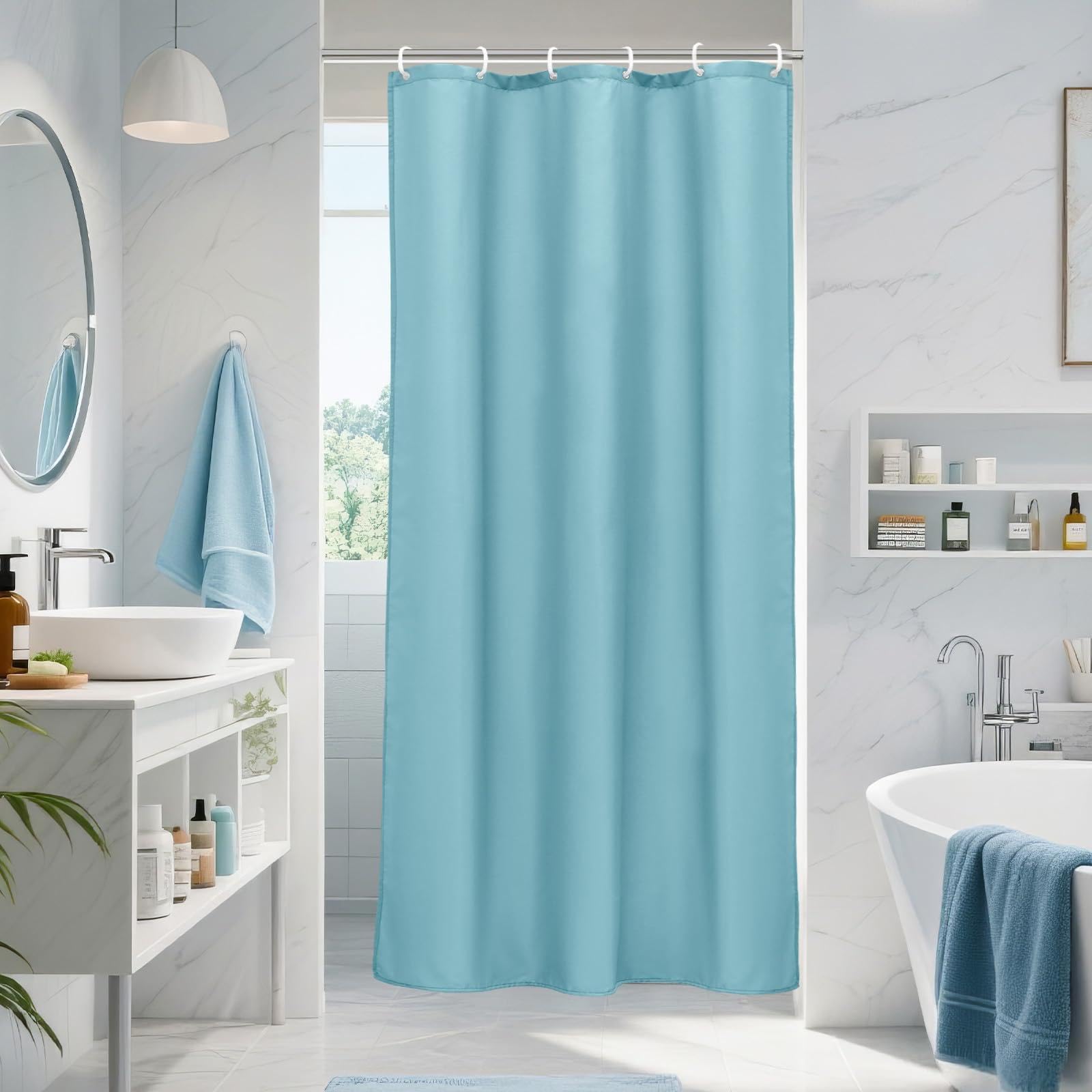 Cortina de Ducha de Color Azul sólido, 220 x 200 cm, Extra Larga, de Tela, poliéster Suave, Repelente al Agua, de Secado rápido, con Ganchos.