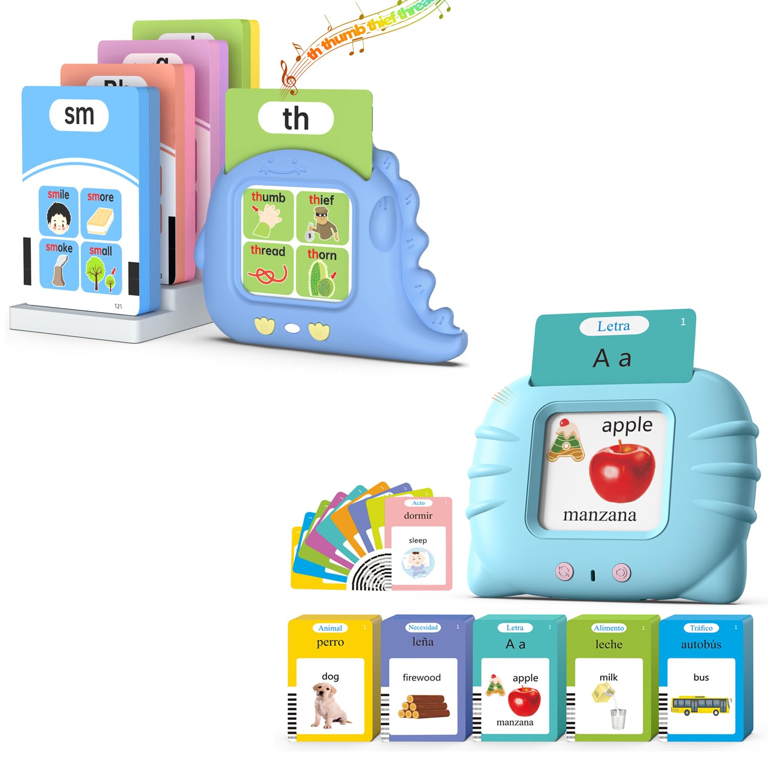 Phonics Talking Flash Cards for Toddlers 2-8 & Bilingual Spanish and English Talking Flash Cards for 1-3