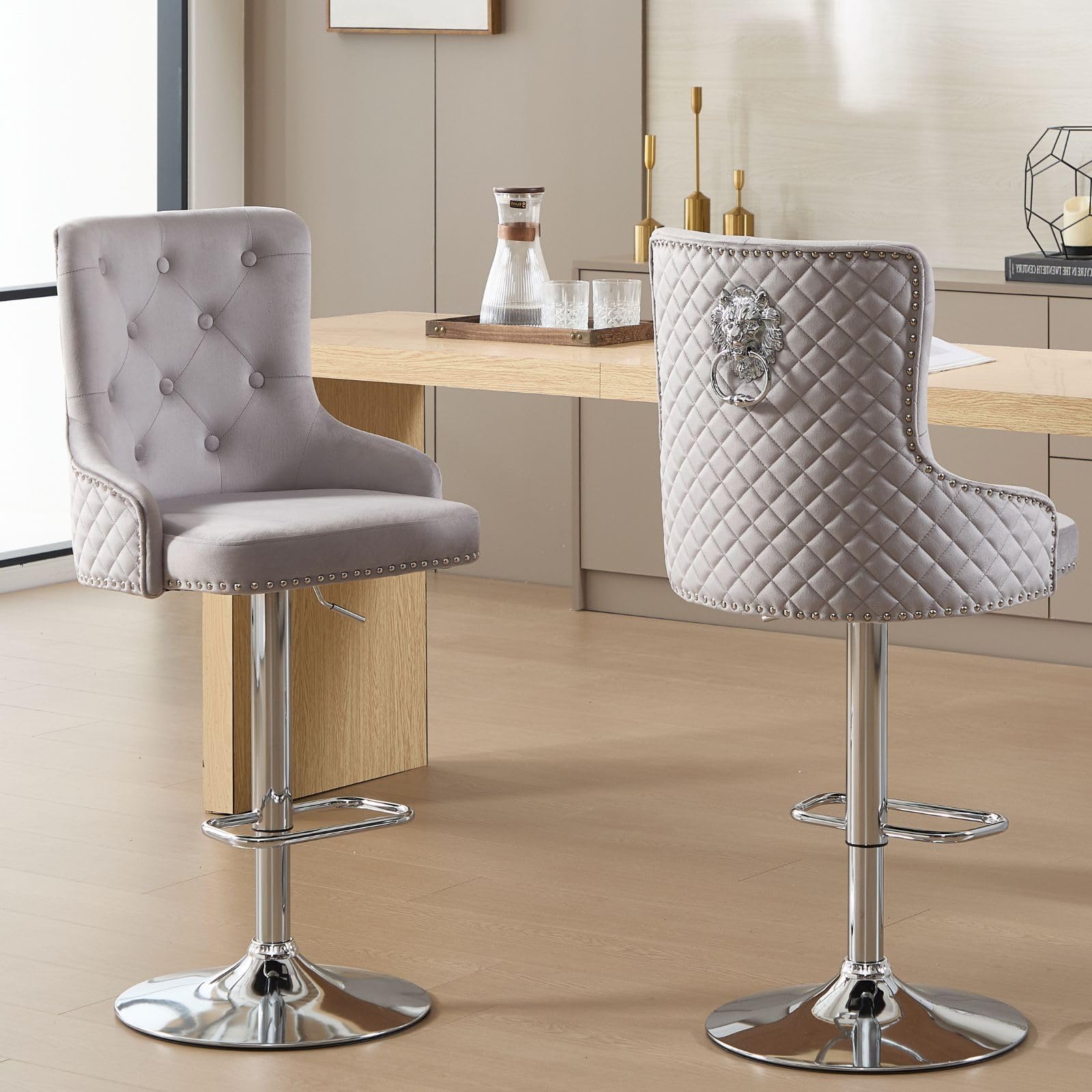 Chummaven Velvet Adjustable Swivel Barstools Set of 2 with High Tufted Back, Modern Counter Height Stools with Chrome Base Footrest Pull Ring Rivet