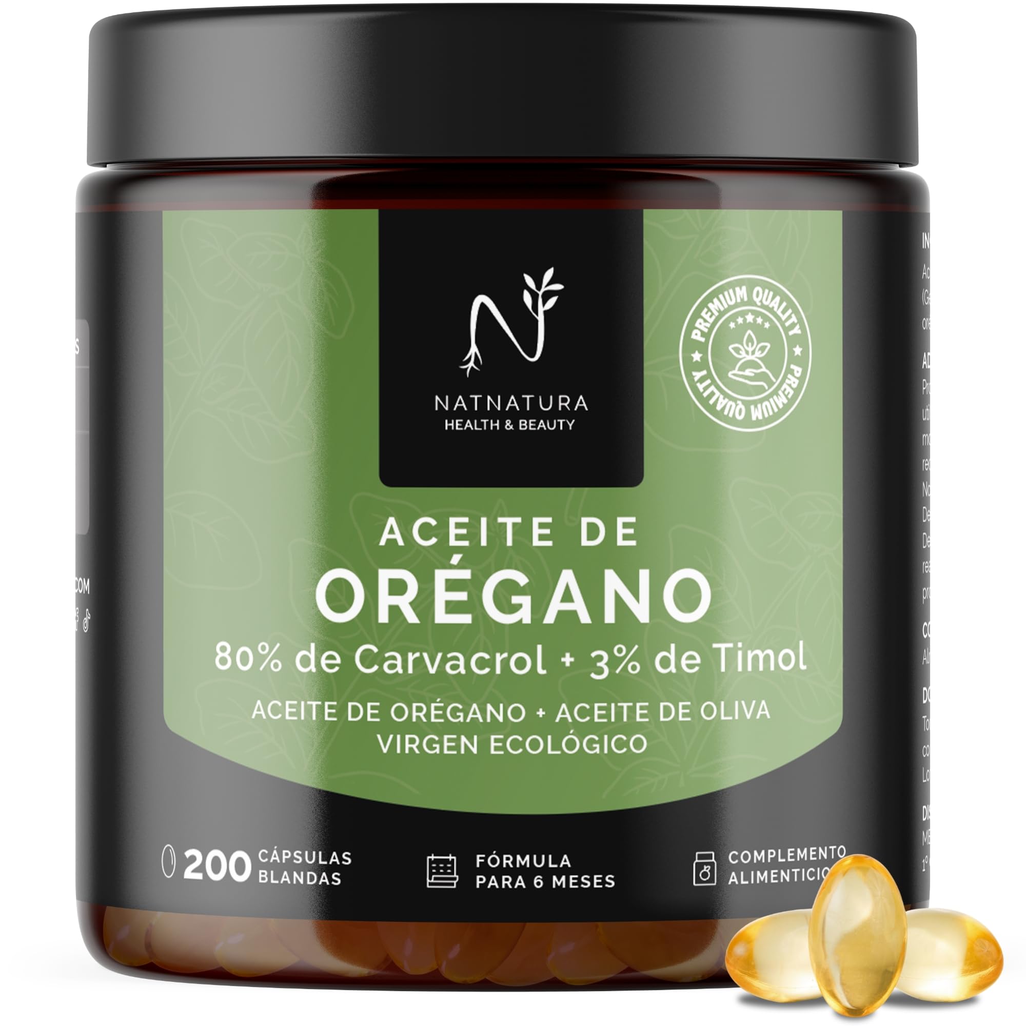 Aceite de Orégano 80% + 3% Timol | Con Aceite de Oliva Virgen Ecológico | Bienestar y Defensa Natural | 200 cápsulas | 6 Meses Fórmula | NATNATURA