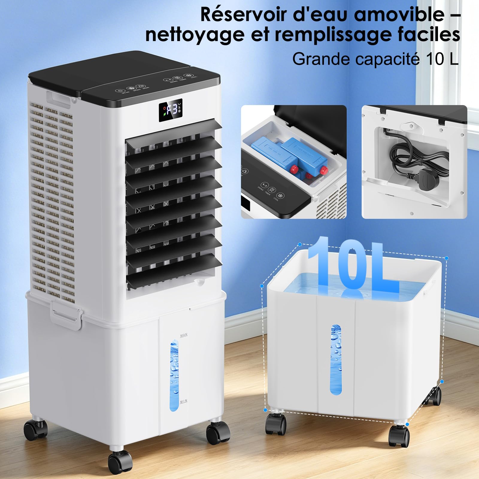 Climatiseur Mobile 10L-Amélioré, Rafraîchisseur d'Air avec Télécommande, Minuterie 1-12h, 3 Vitesses, Oscillation de 60°, Silencieux Climatiseur Portable pour Camping Chambre Cuisine(Noir voilé)