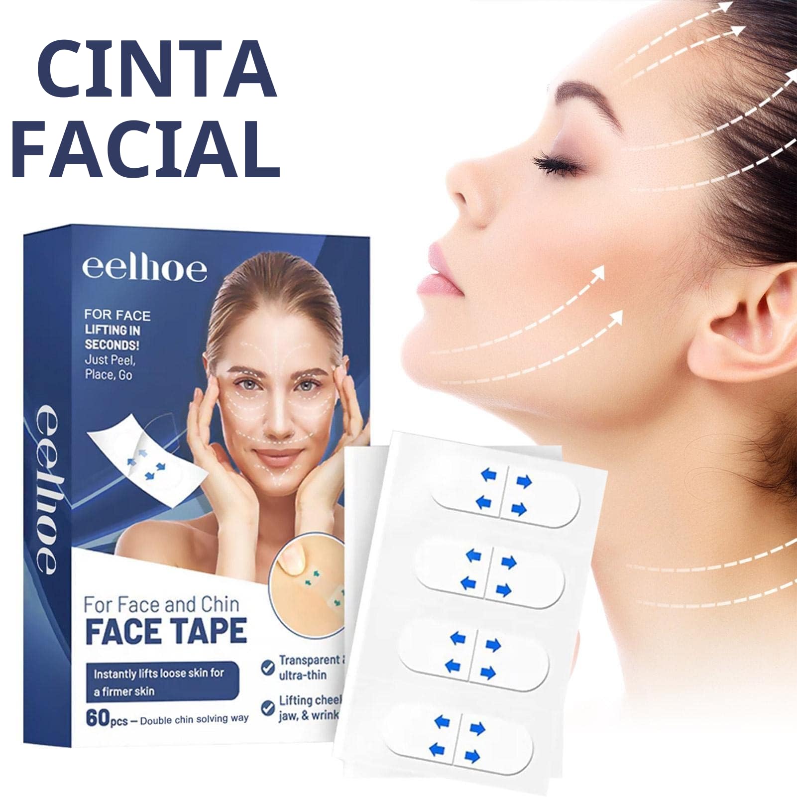 estiramiento facial invisible | Cinta facial antiarrugas | 60 unidades arrugas, cuello, mentón doble, mejillas, parches secretos maquillaje Lingjiong