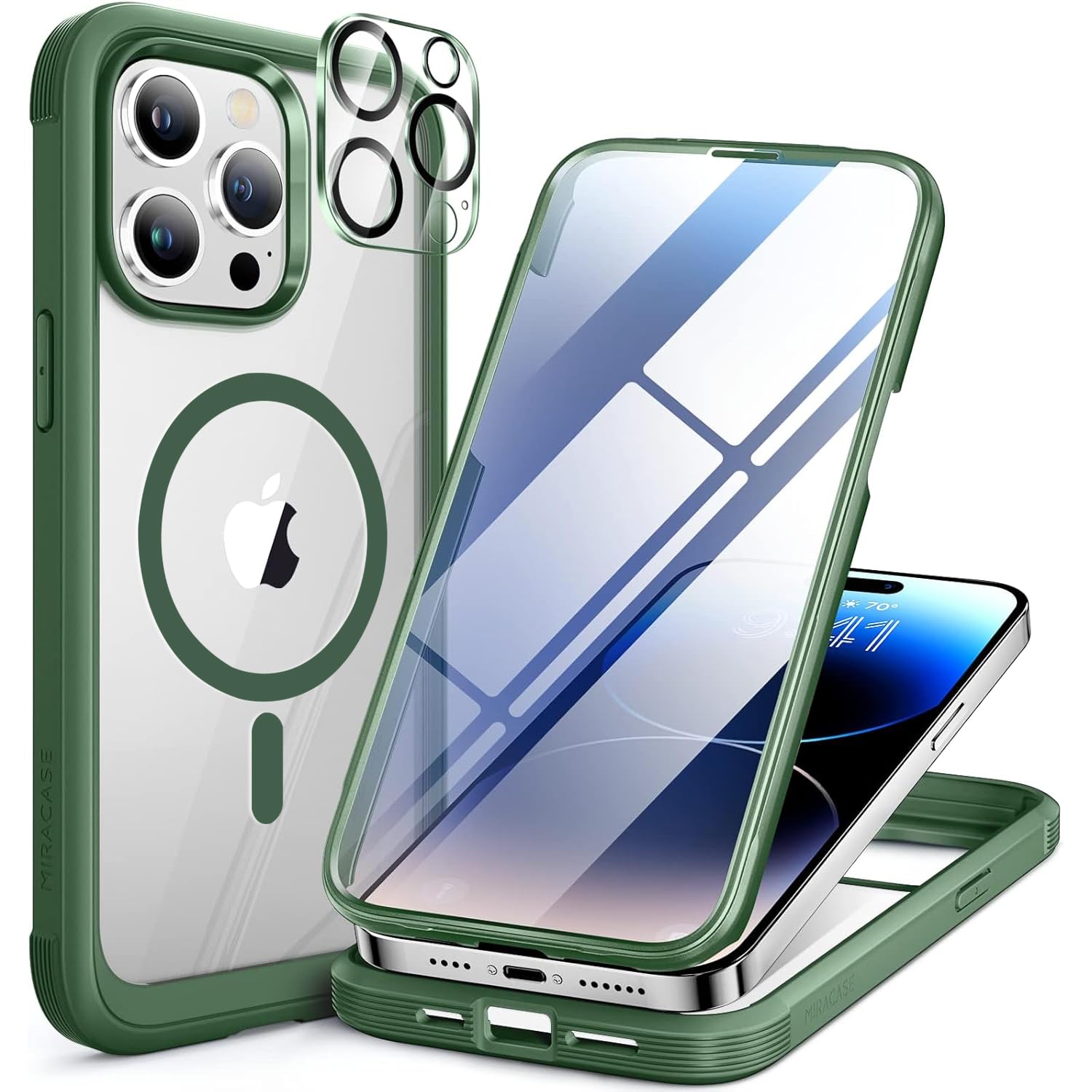 Miracase Magnetic for iPhone 14 Pro Max Case 6.7 inch, (Compatible with MagSafe) Upgrade Full-Body Clear Phone Bumper Case with Built-in 9H Tempered Glass Screen Protector, Magnetic Acacia Green