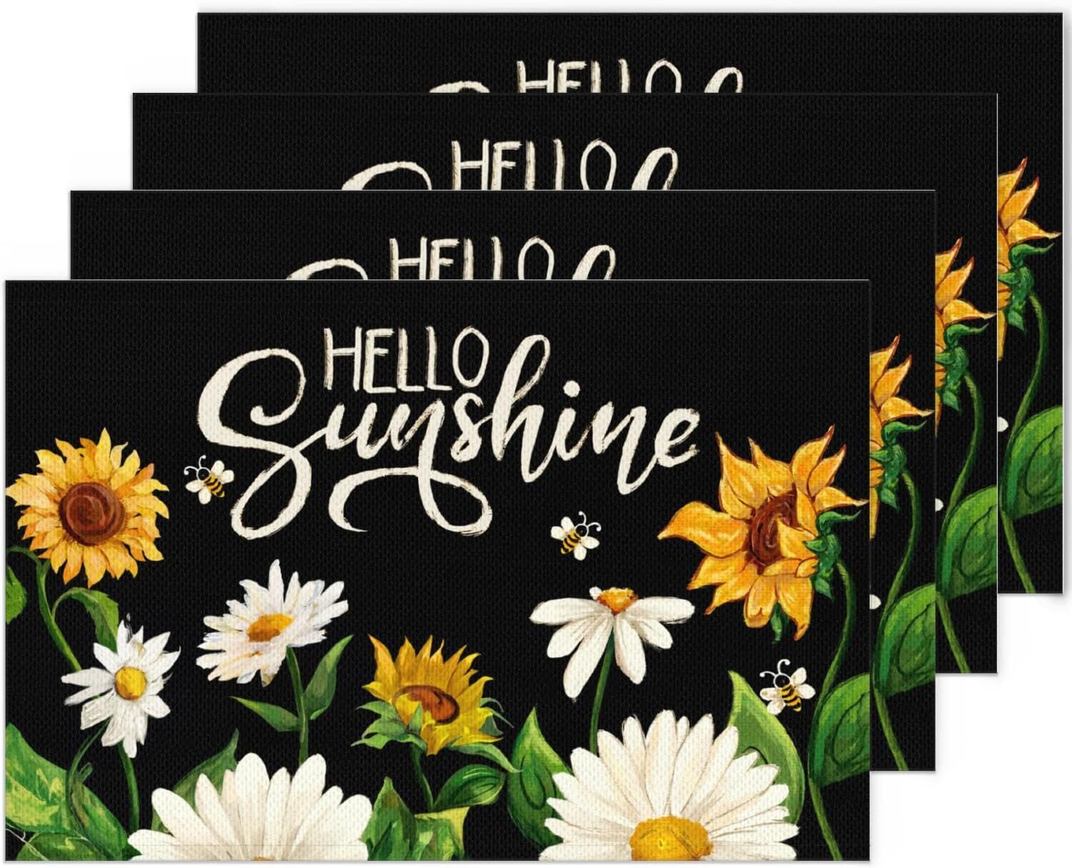 Black Daisy Sunflower Bees Placemats Set of 4,Hello Sunshine Spring Summer Washa…