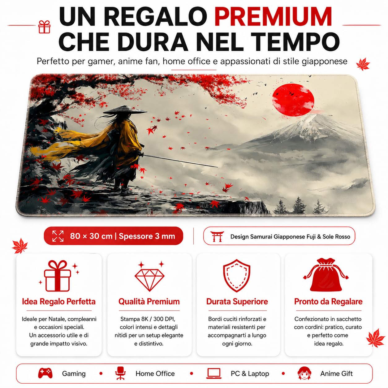 Tappetino Mouse XL 80×30 cm (3mm) – Samurai Giapponese Fuji & Sole Rosso – Desk Mat Gaming Antiscivolo, Bordi Cuciti, Tappetino Scrivania Grande per PC e Laptop