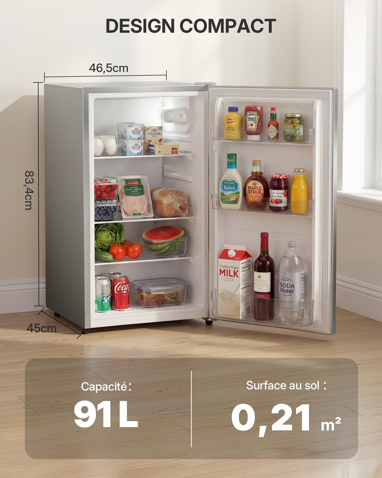 Upstreman CR91 Réfrigérateur 91 Litres sans Congélateur, Silencieux 40 dB, Thermostat Réglable 1-10℃, Gris Argenté