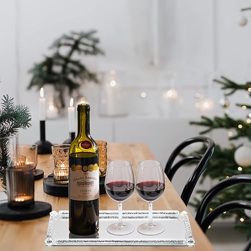 Miniatura 5 de Bandeja de tocador de espejo de cristal, 13.8" x 5.9" bandeja rectangular de cristal plateado con diamante triturado para exhibición de perfumes y