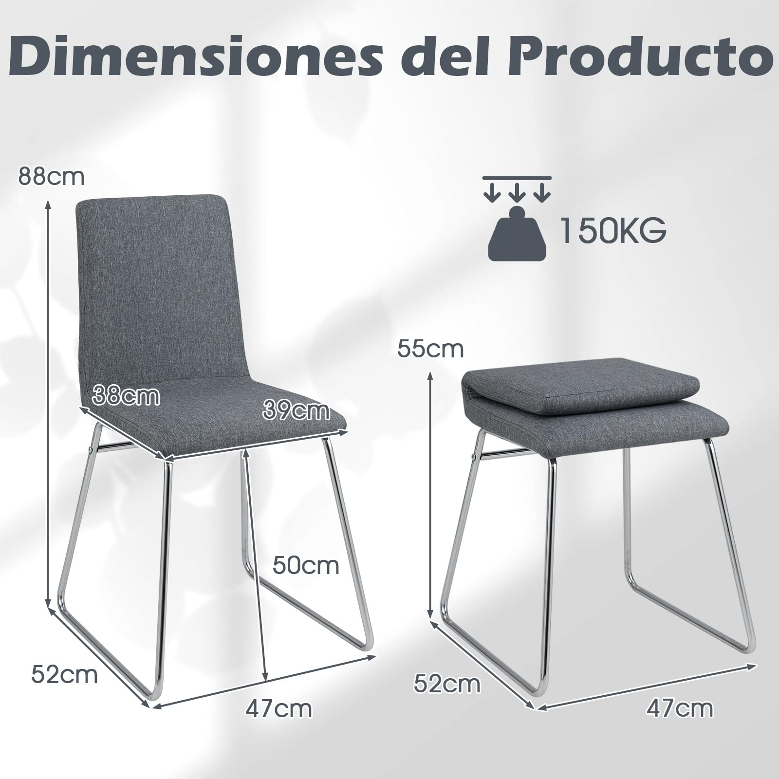 COSTWAY Juego de 2 Sillas de Comedor Modernas, Silla de Cocina Tapizada con Respaldo Plegable y Estructura Metálica, Asiento Acolchado, Carga de 150 kg, Sillas Sin Reposabrazos para Interior, Gris