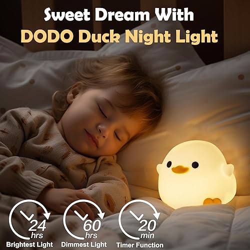 Miniatura 10 de Luz nocturna de pato plano, bonita lámpara de pato de silicona suave con control táctil, recargable, temporizador y atenuador para niños, regalos