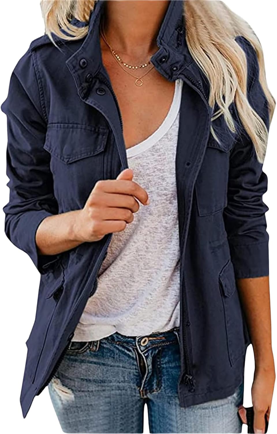 Women's Jacket Lightweight Solid Color Zip Up Snap Buttons Cargo with Pockets Comfort Outwear Coat