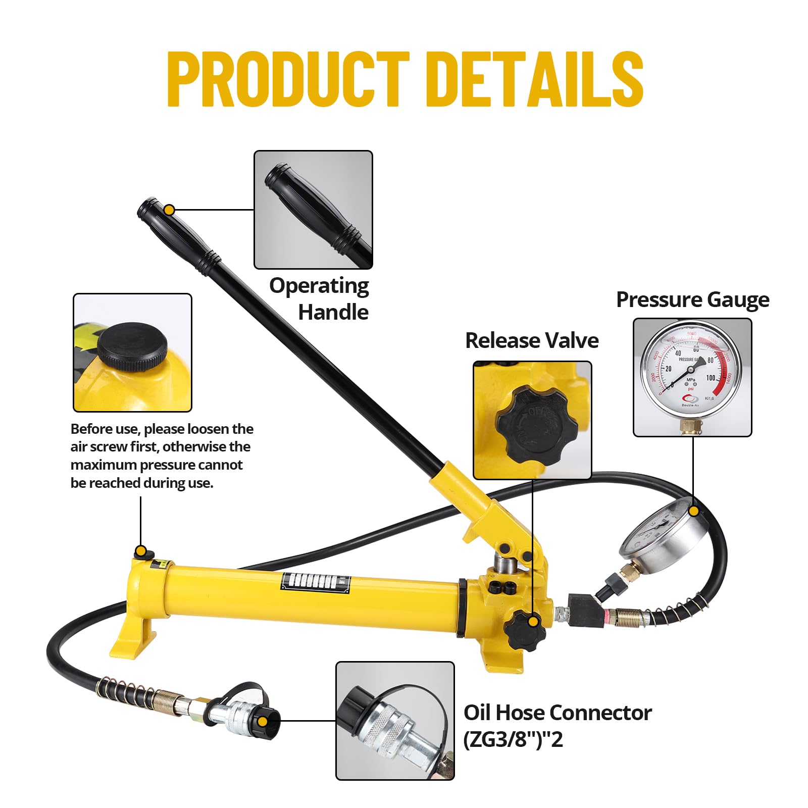 Garvee Pompe hydraulique Manuelle Simple Effet – CP-700, 900ml, 10 000 psi avec manomètre – Portable pour vérins industriels, Levage et Outils séparés – Spécifications : CP-700, 900ml