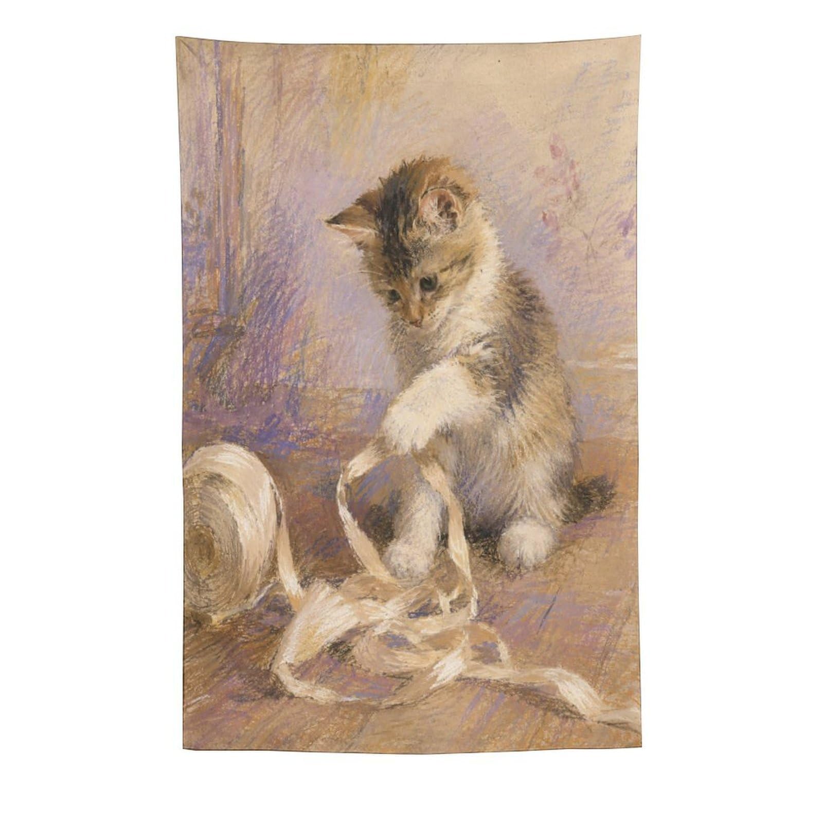 H3B8U2Y5 Kitten with Yarn Wall Tapestry, Watercolor, Storybook Animal