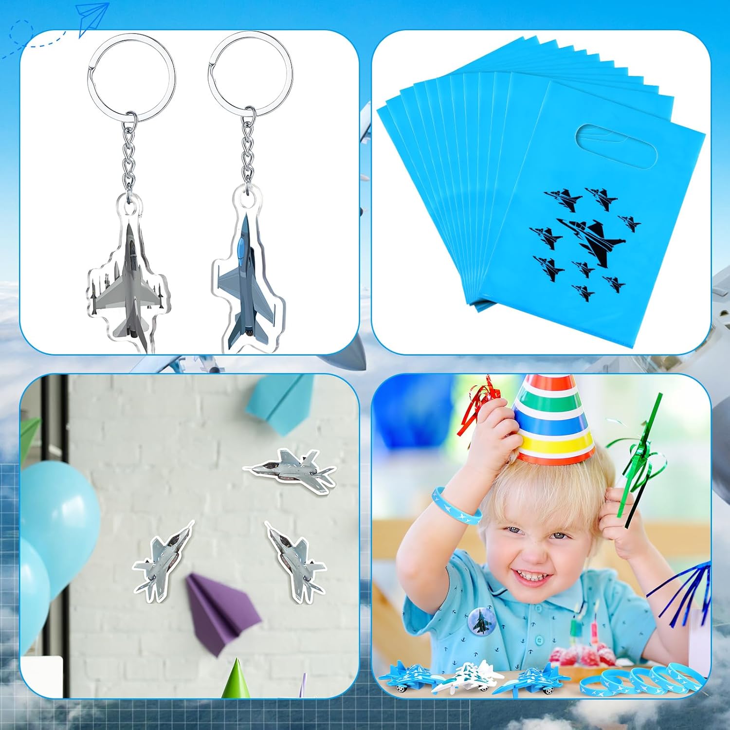 Meooeck 110 Pcs Fighter Jets Party Favors Airplane Themed Birthday Party Decorations with 12 Fighter Jets Airplane Toys, 12 Silicone Bracelets, 12 Button Pins, 12 Keychains, 12 Bags, 50 Sticker