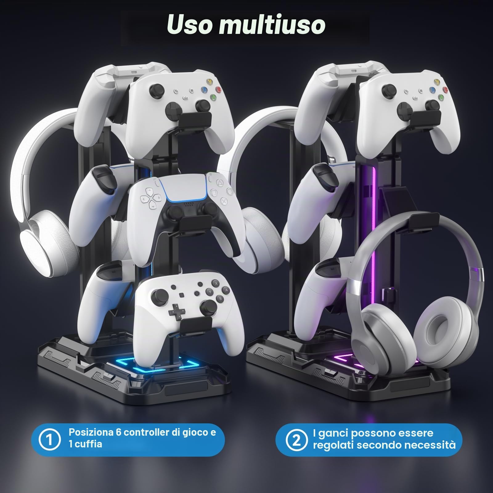 KDD Supporto Controller e Cuffie Gaming da Scrivania con 9 Modalità di Illuminazione e Gancio per Cuffie Ruotabile, Porta Controller con 6 Ganci Staccabili per PC Desktop Accessori Gaming Nero