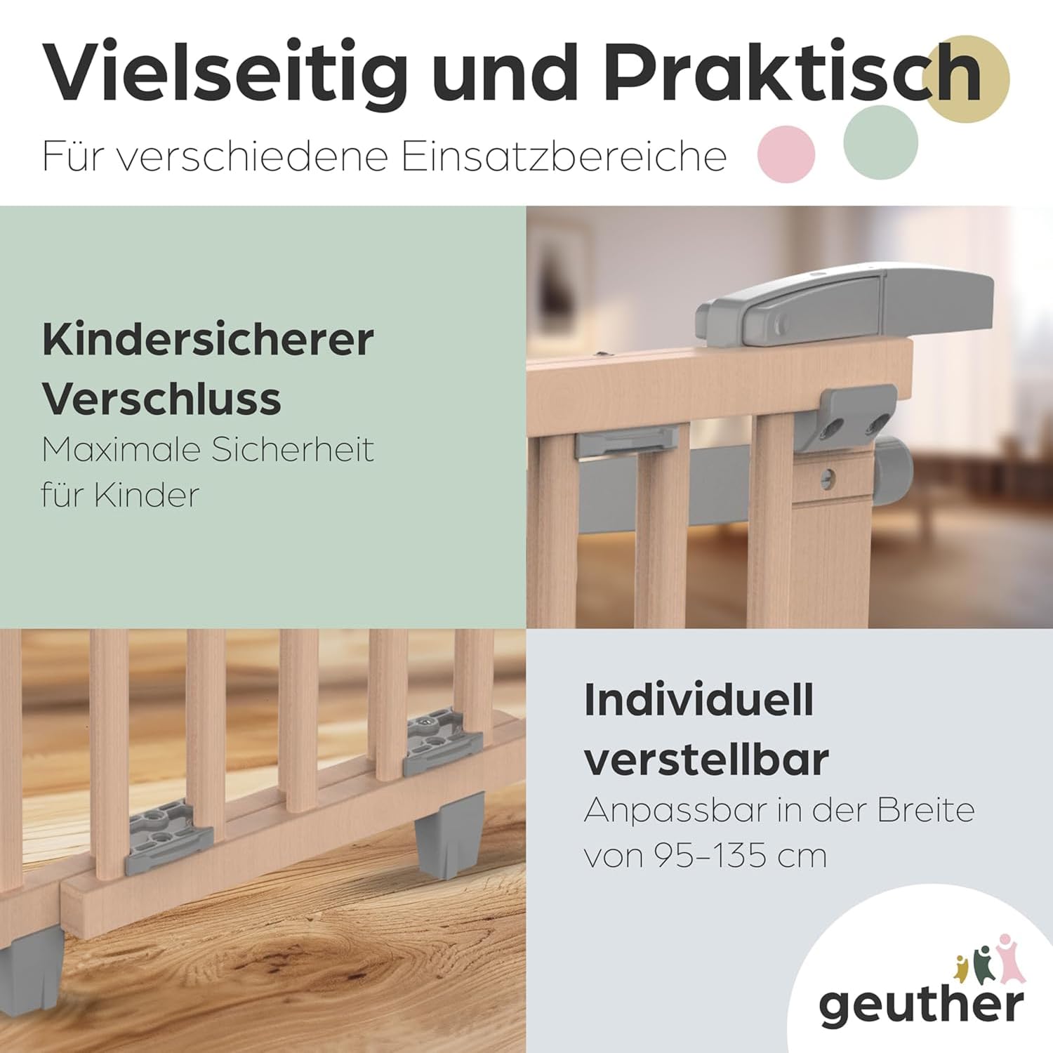Geuther Treppenschutzgitter Oris | Türschutzgitter zum Anschrauben inkl. 2X Klemmen für Treppengeländer, Breite 95-135 cm | Stabiles Türgitter mit Schwenktür | Kindergitter Holz, Naturbelassen