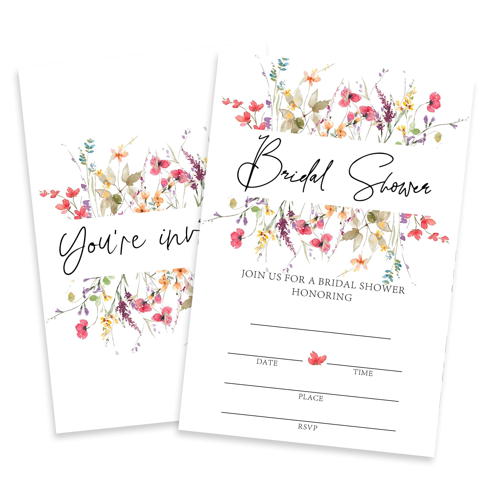 Yijiaqin Floral Bridal Shower Invitations, Set Of 25 Watercolor Floral Bridal Shower Invites With Envelopes For Newlyweds, Bride-To-Be, Wedding