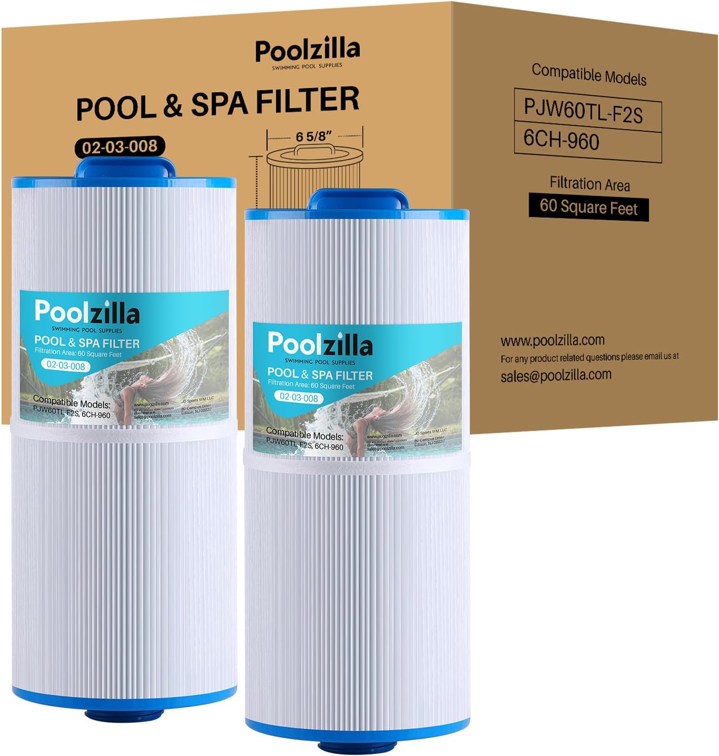 Poolzilla 2-Pack Replacement for Spa Filter PLF6CH-960, Unicel 6CH-960, PJW60TL-F2S, SD-00640, 6541-383, Filbur FC-2800, 6540-476, Jacuzzi Premium J-300, J400 (L x OD: 14 7/8” x 6 5/8”)