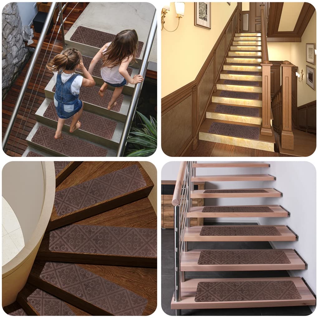 Arthome Alfombras de Escalera Antideslizantes, 15 Paquetes 20cm x 76cm Madera Escalones, Autoadhesivo Alfombra Antideslizante Seguridad para Mascotas, Ancianos y Niños (Marrón Gofrado)
