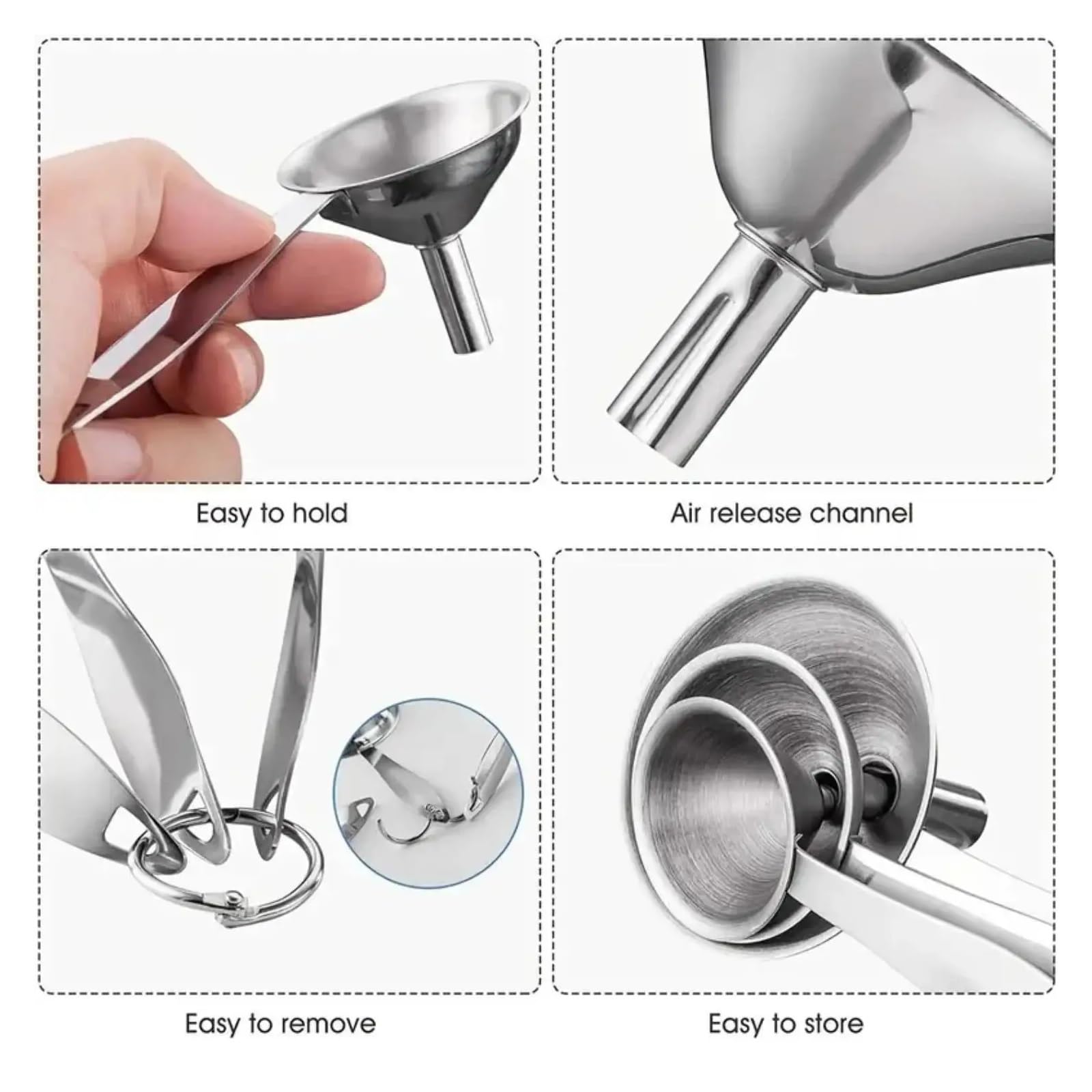 Embudos de Acero Inoxidable 304 con Cepillo de Limpieza, Juego de 4, Embudo pequeño for transferir aceites Esenciales, líquidos, fluidos y Especias.