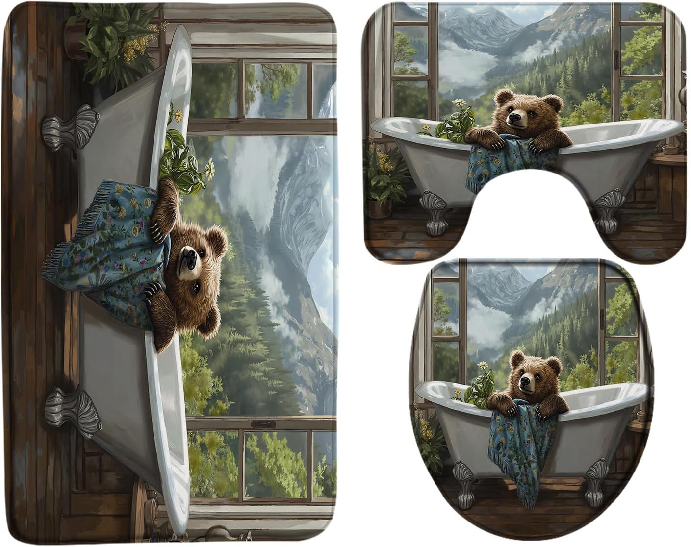 GCTNBJL 3 Piece Funny Bear Bath Mat Set Farmhouse Animal Bear Bathing in Bathtub Rustic Forest Mountain Nature 24"x36" Bathroom Rugs,Toilet Seat Cover,U-Shaped Floor Mat
