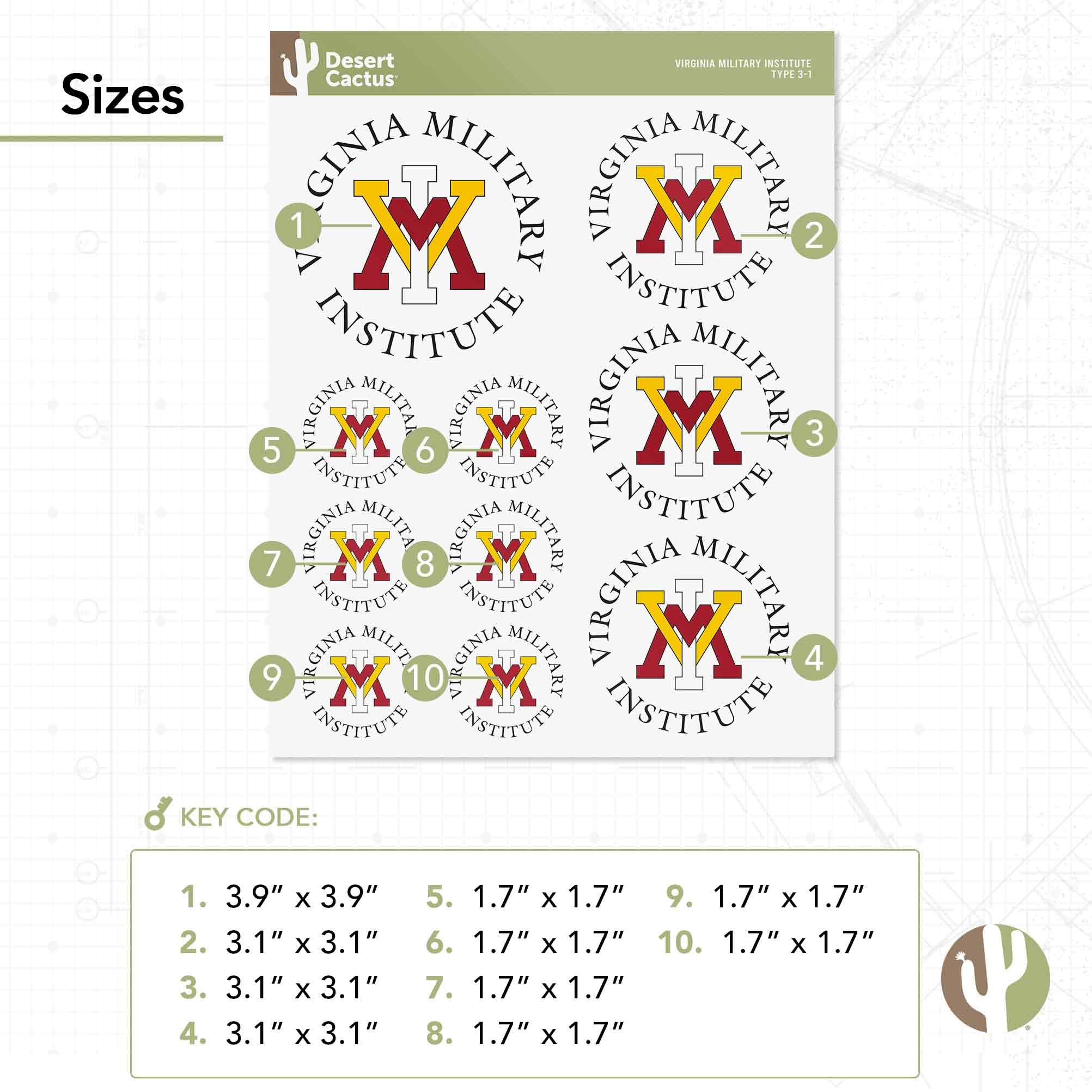 Virginia Military Institute (VMI) Sticker Sheet - 15 Vinyl Decals, Officially Licensed, Various Sizes (8.5\"x11\" Sheet)
