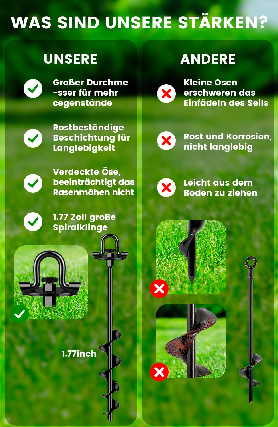 Piquets 40 cm 4 pièces avec sangles, double fixation pour ancrages au sol, piquets robustes à visser, idéal pour accessoires de trampoline, résistant au vent fort - 5