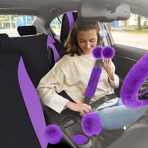 Miniatura 7 de Woanger Juego completo de 47 fundas de asiento de automóvil para mujer, incluye asiento delantero y trasero, funda esponjosa para volante, cinturón