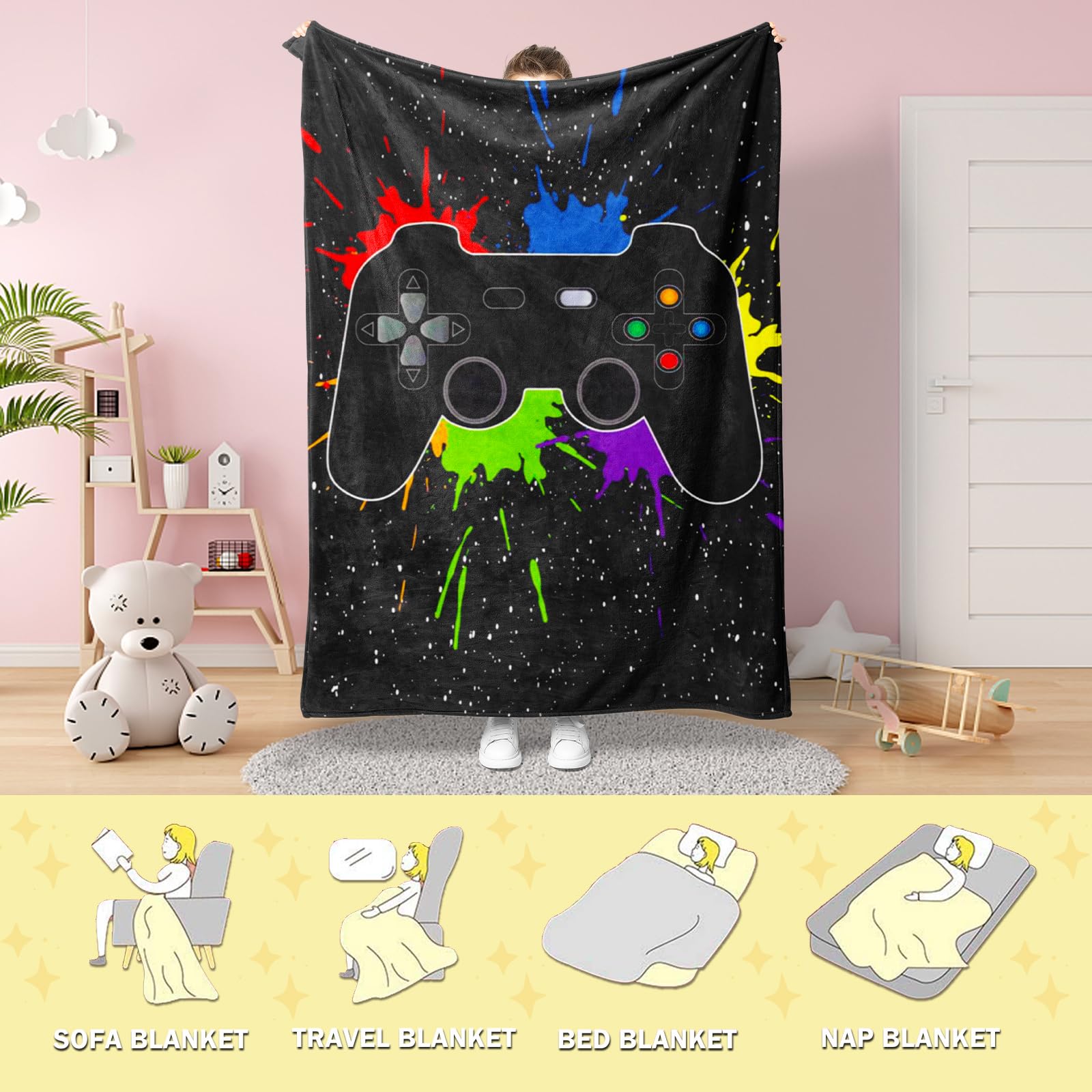 Coperta console di gioco 3D acquerello nero Galaxy Tie Dye 130 x 150 cm, coperta gamer per adolescenti, ragazzi e ragazze, moderna coperta per letto e divano con motivo console di gioco