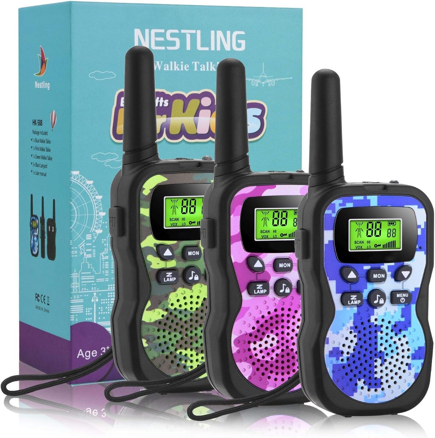 Nestling Walkie Talkies 3 Pezzi, Walkie Talkie Bambini 8 Canali Radio a 2 vie, Con Torcia LCD Retroilluminata, Giocattoli per Ragazzi Ragazza 3-12 Anni, Attività Indoor Outdoor