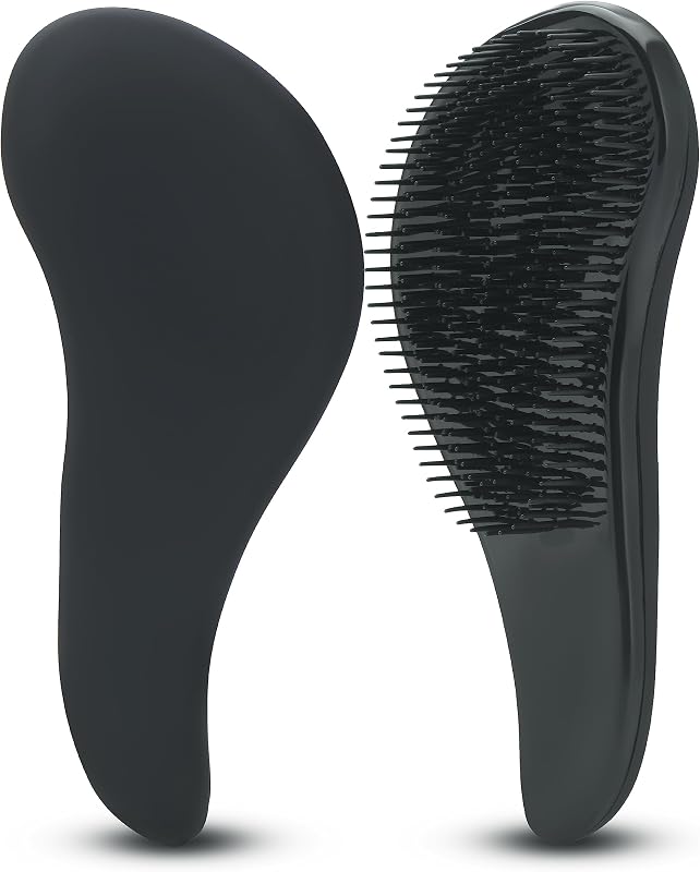 Detangling Hair Brush - Compact Travel Grooming Black | Gentle hair care wet brush with soft flexible bristles for straight, natural, curly styling, loosens knots and tangles