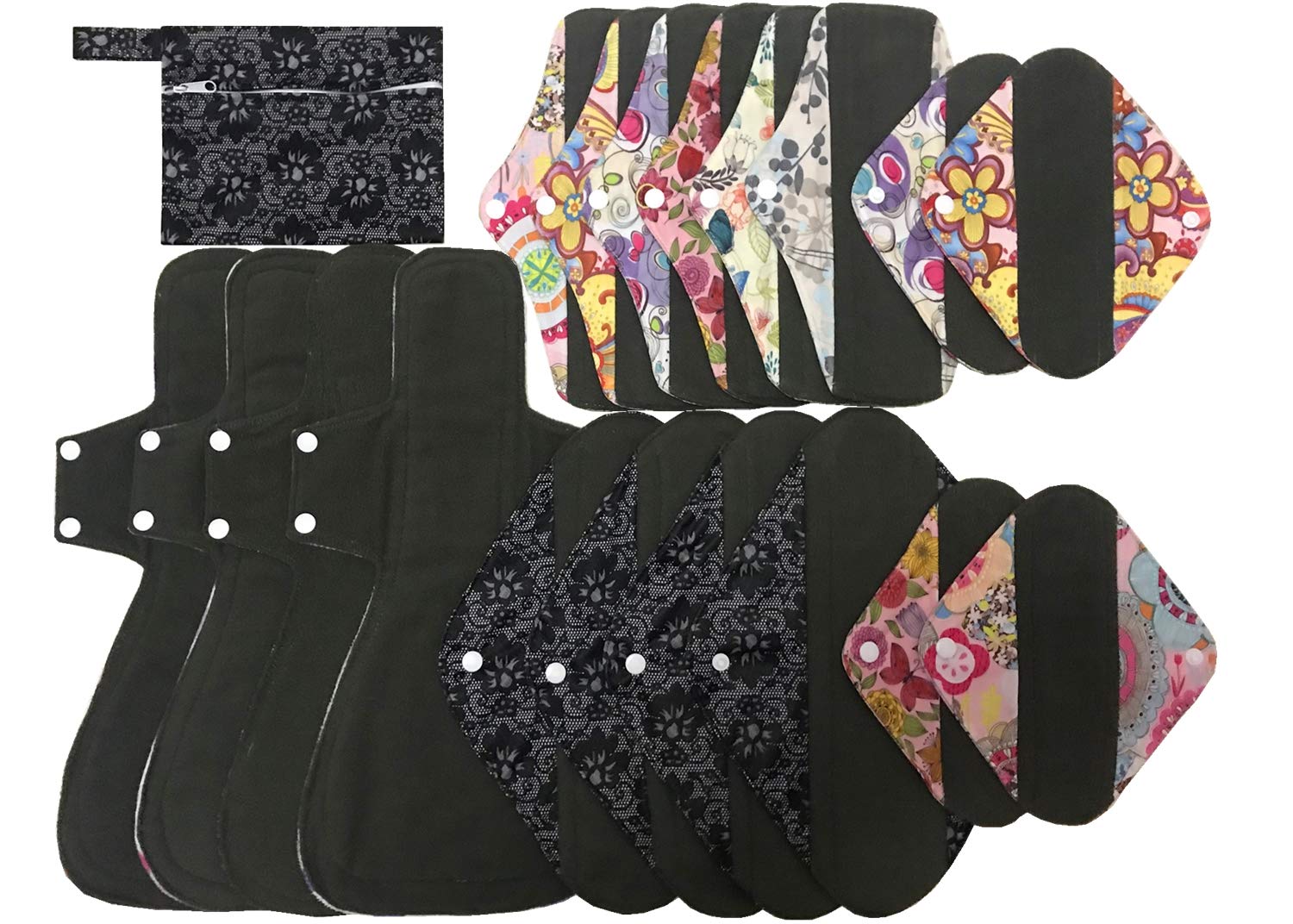 MUMBABY Zestaw 19 sztuk 1 szt. mini mokra torba + 10@25 cm + 15 cm + 10 cm + 10 cm węgiel bambusowy tkanina mama/podkładki menstruacyjne wielokrotnego użytku podkładki sanitarne