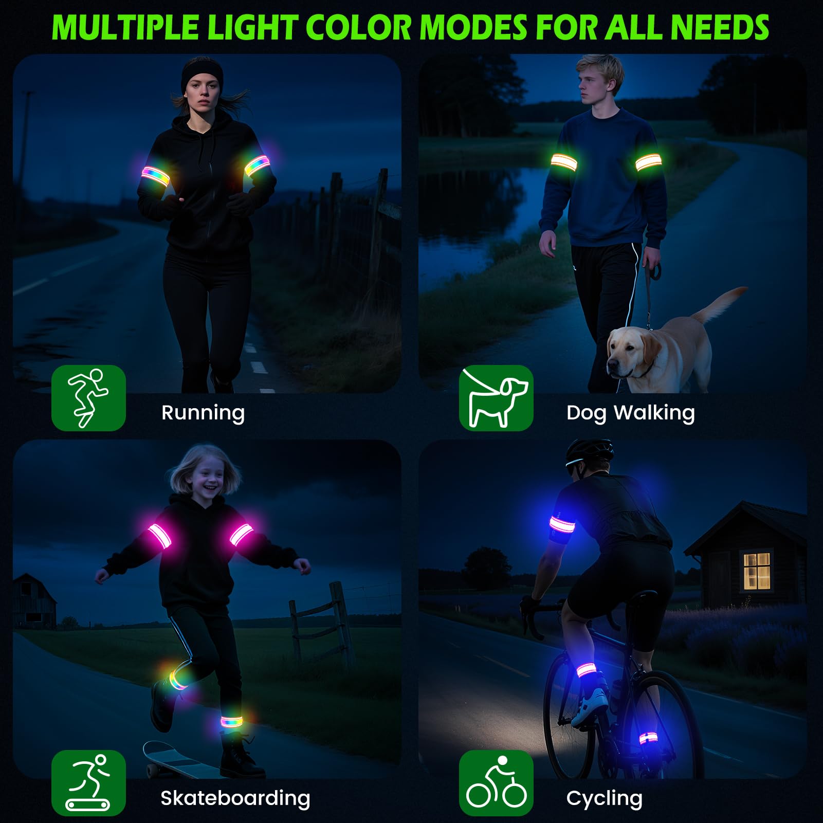 LED Bracciale Riflettente 2 Pezzi, Fascia Braccio Running, 5 Colori 3 Modalità Illuminazione Ricaricabile
