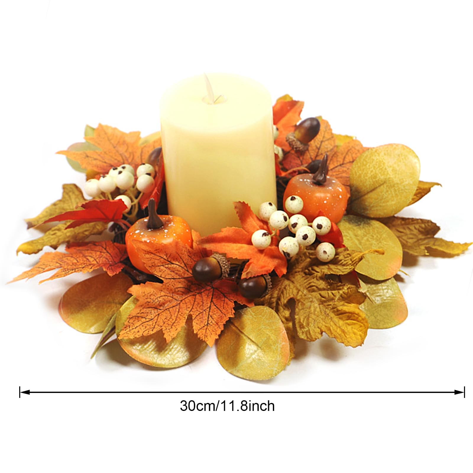 12 Inch Fall Candle Rings Wreaths, Small Autumn Wreath for Candlestick Decorative Rattan Garland with Maple Leaf Berries Pumpkin for Thanksgiving Halloween Table Fall Decor Centerpieces(No Light)