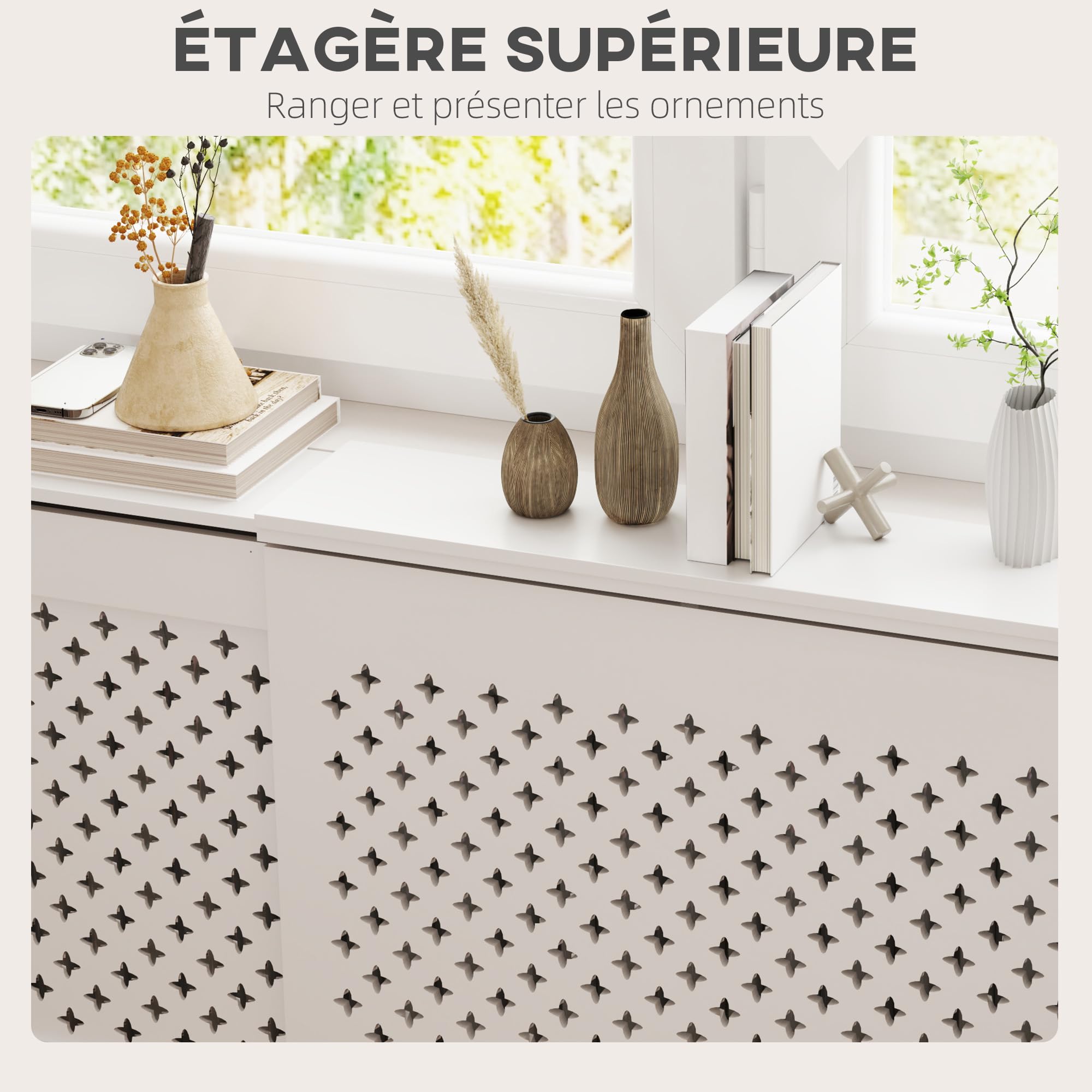 HOMCOM Copriradiatore regolabile contemporaneo a nido d'ape 136-200 x 21,5 x 91,7 cm Copriradiatore in legno per camera da letto, soggiorno - bianco