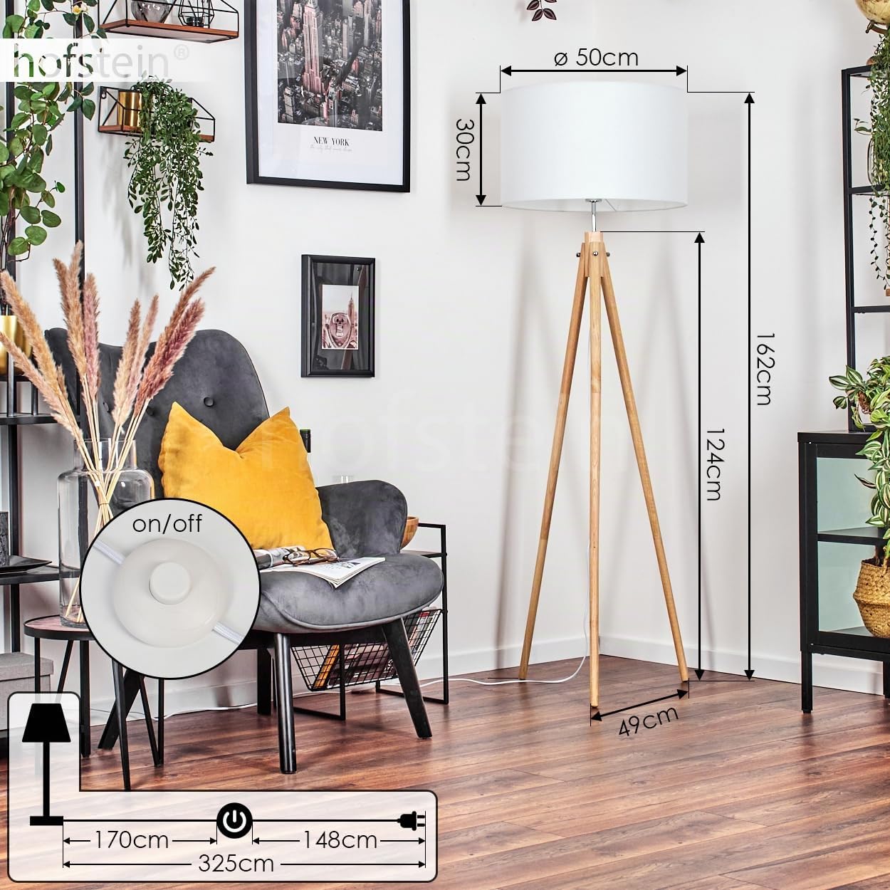 Stehleuchte Flemming, Stehlampe aus Holz/Stoff in Naturfarben/Weiß, Leuchte im skandinavischen Design mit rundem Schirm (Ø 50 cm) u. Fußschalter, Höhe 162 cm, 1 x E27, ohne Leuchtmittel