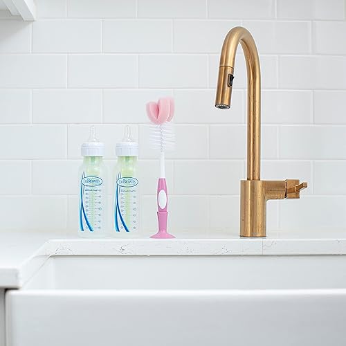 Miniatura 7 de Dr Browns Juego de cepillos de limpieza de biberones de esponja reutilizable con soporte de ventosa limpiador de pezones rosa paquete de 3