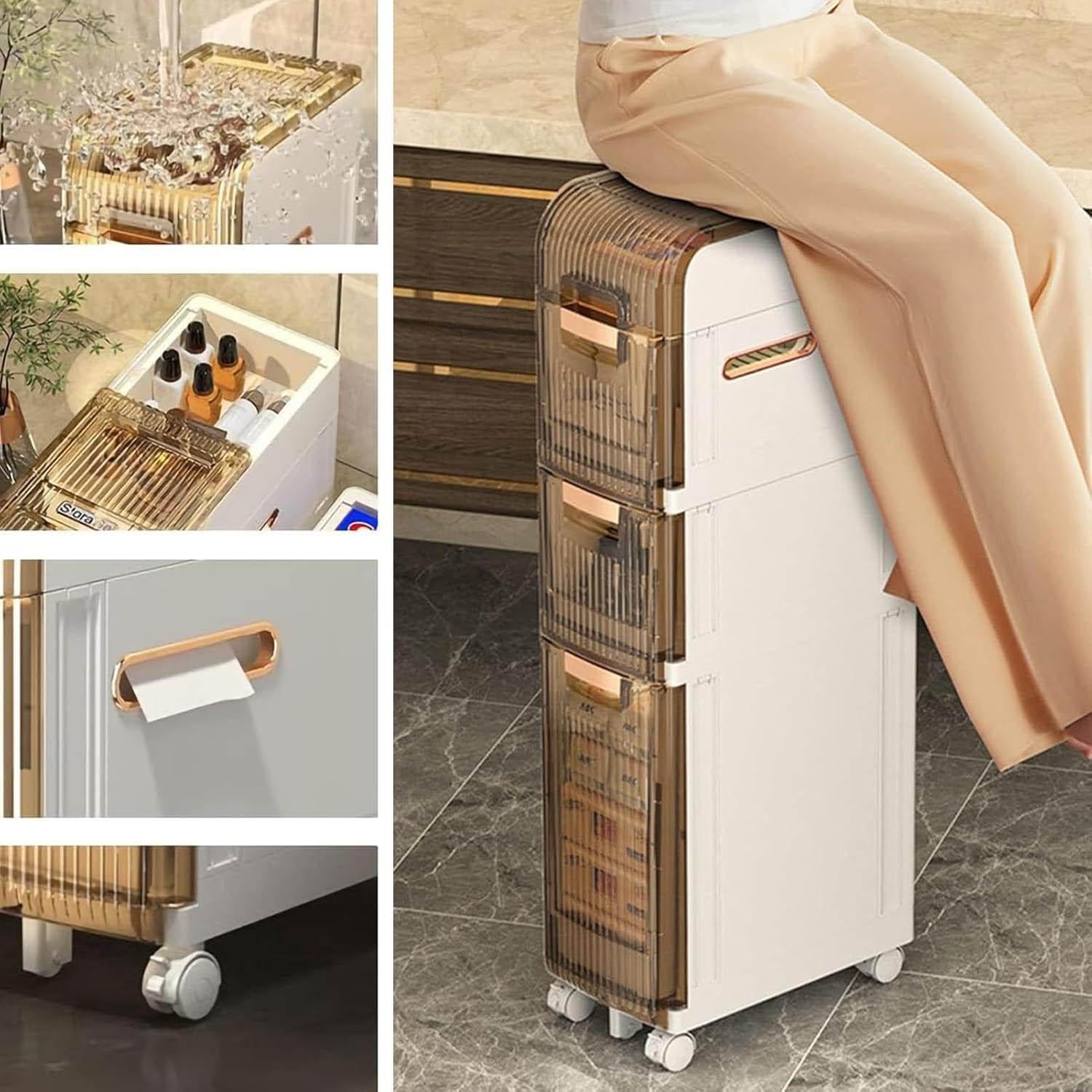Badezimmerschrank, schmal, wasserdicht, Kunststoff, mit Türen und Feststellrollen, ideal für Toilettenpapier, Küche und Waschküche, Nizat 5. Etage Seitenturm