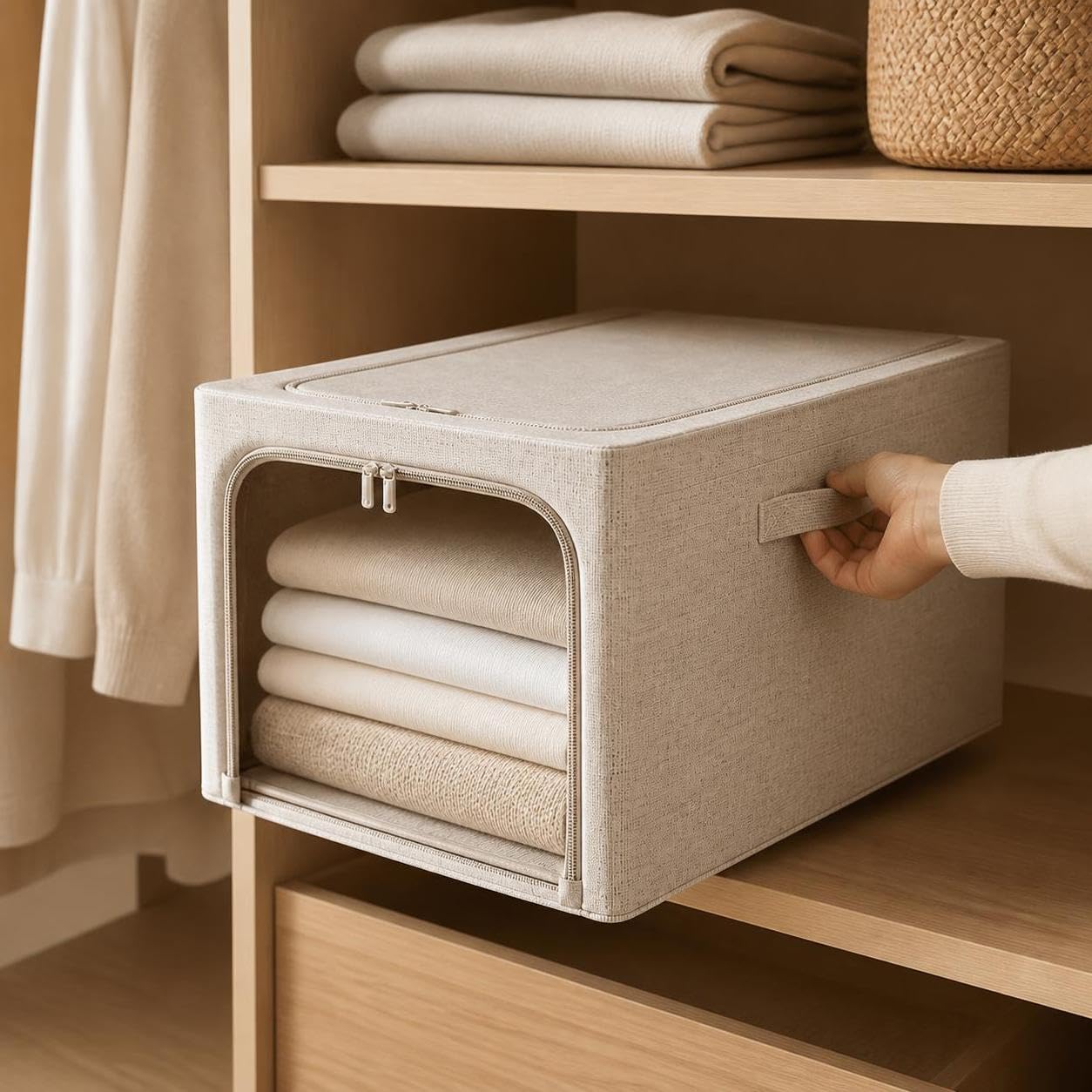 Boîte Rangement en Tissu Pliable, Lin coton 4.0, beige, 60x42x40cm