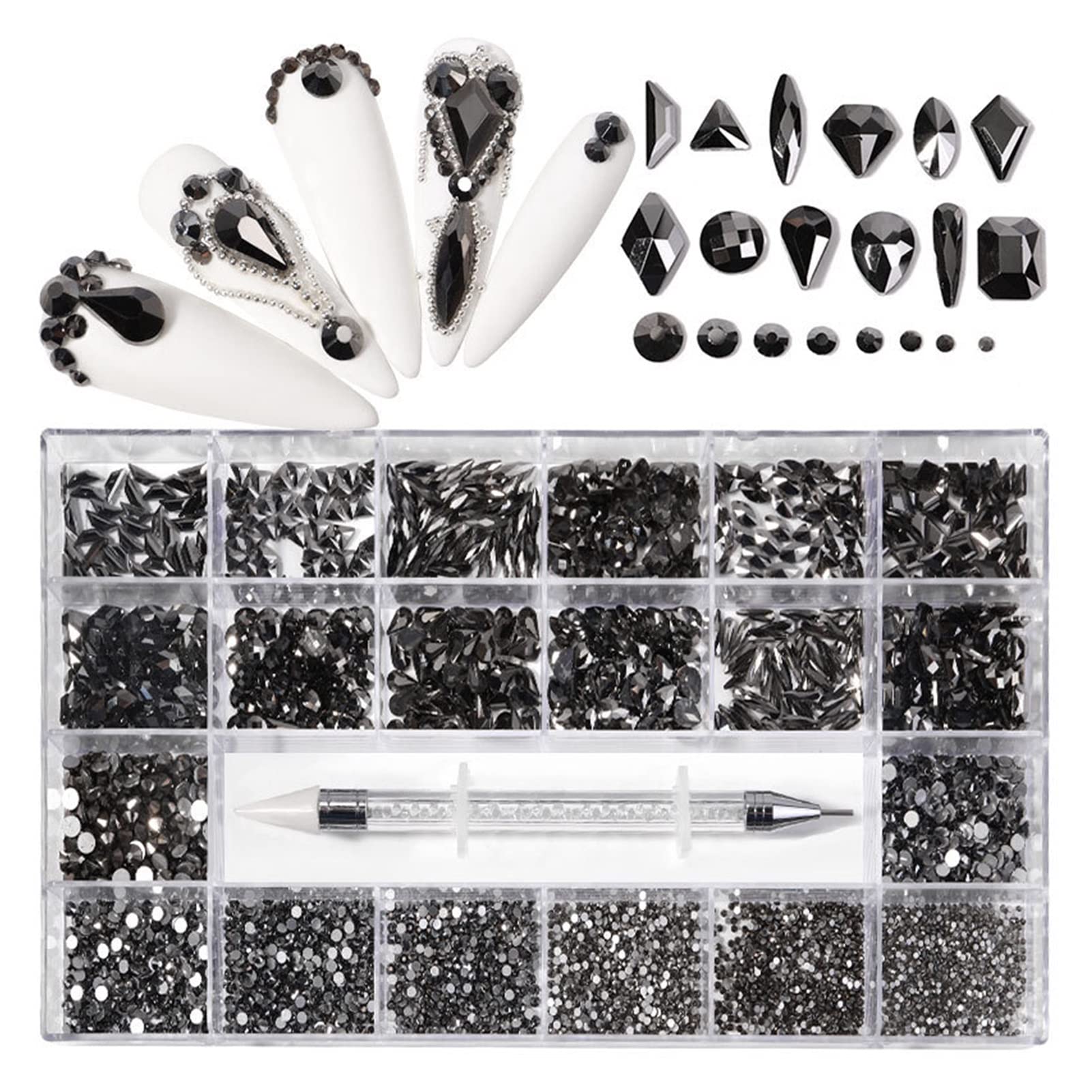 1box 2500pcs Kit di Strass for Unghie di Lusso Flatback Unghie Strass Set di Unghie Scintillante di Lusso con 1 Penna for Decorazioni for Unghie wanglan(Color:Jet Hemitate 2500pcs)
