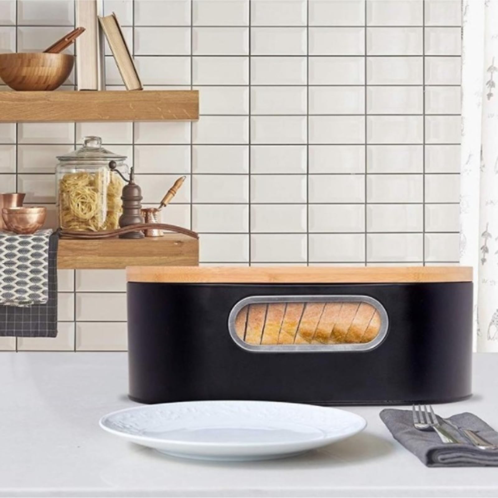 Amazon.co.jp: ブレッドケース 竹製の蓋付きパン箱、窓と木製のまな板