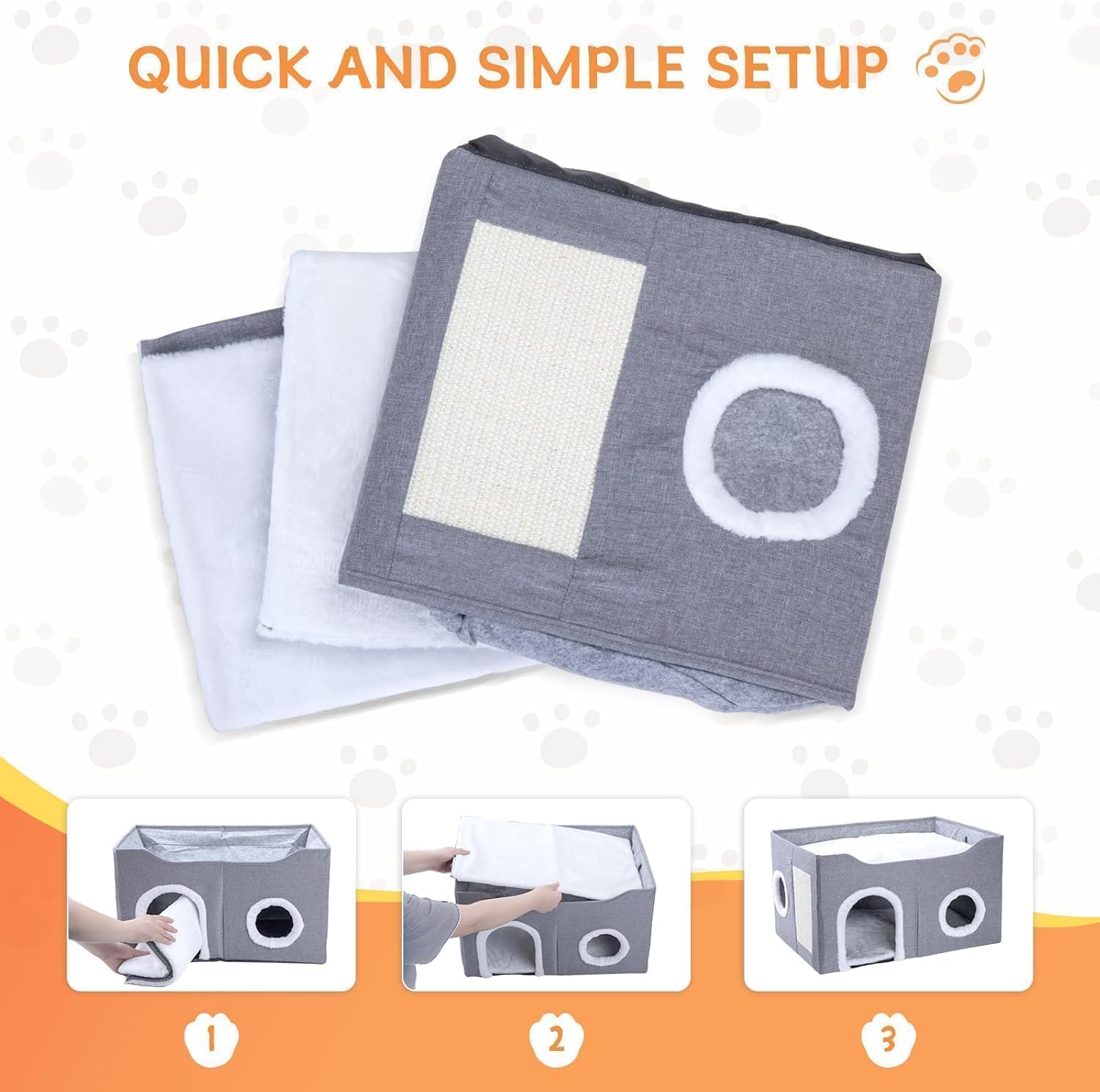 سرير قطط للقطط الداخلية من بايبي - منزل قطط مكعب متعدد الوظائف مع لوح خدش وكرة منفوشة، سرير قطط كبير قابل للطي (رمادي، 39 × 39 × 38 سم - اذني قطة)