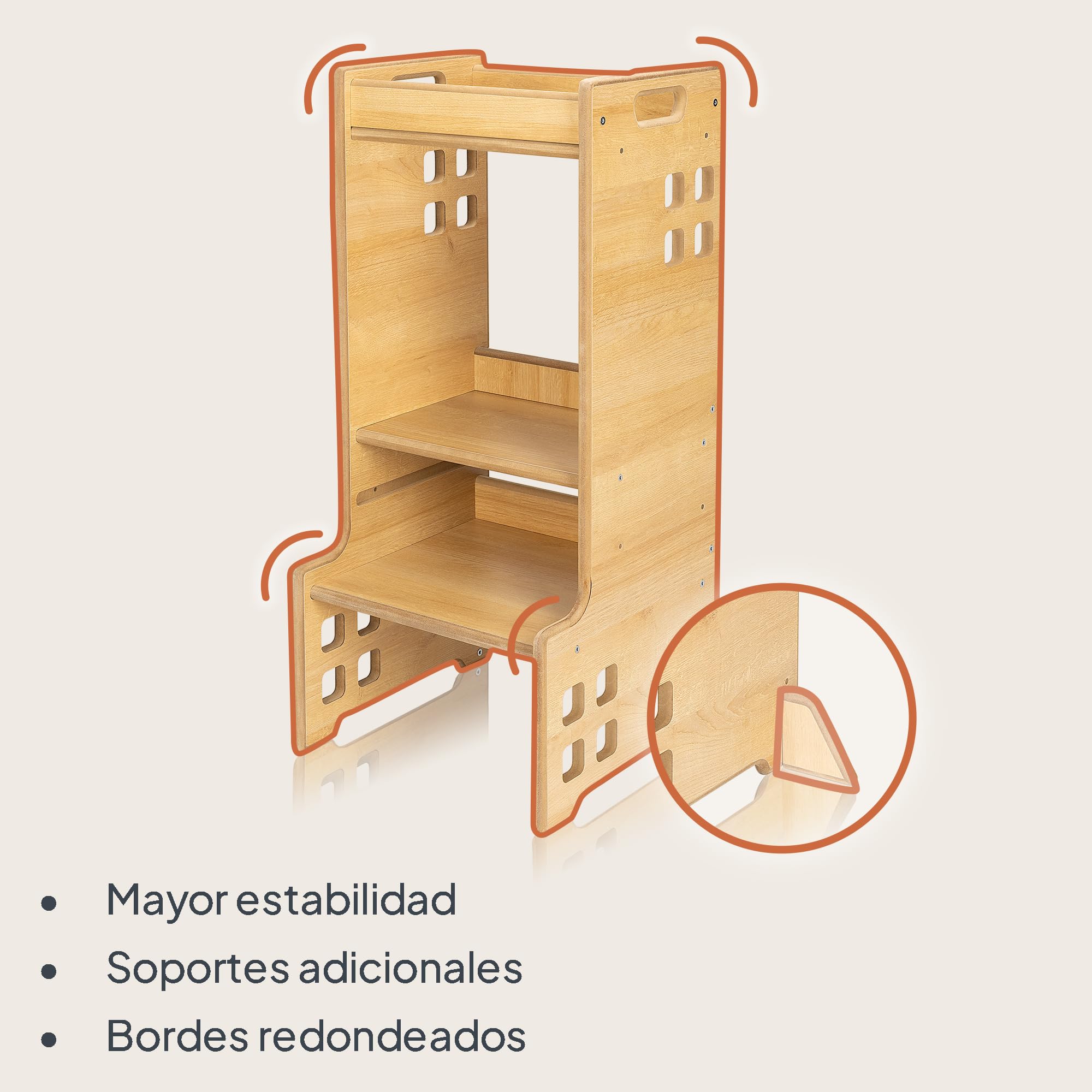 LIONELO CASS Ayudante de Cocina 2 en 1 Torre de Aprendizaje Montessori Desde 1 Año Barra de Seguridad Ajustable en Altura Robusto Taburete de Cocina Estantería Librería Hasta 30 kg
