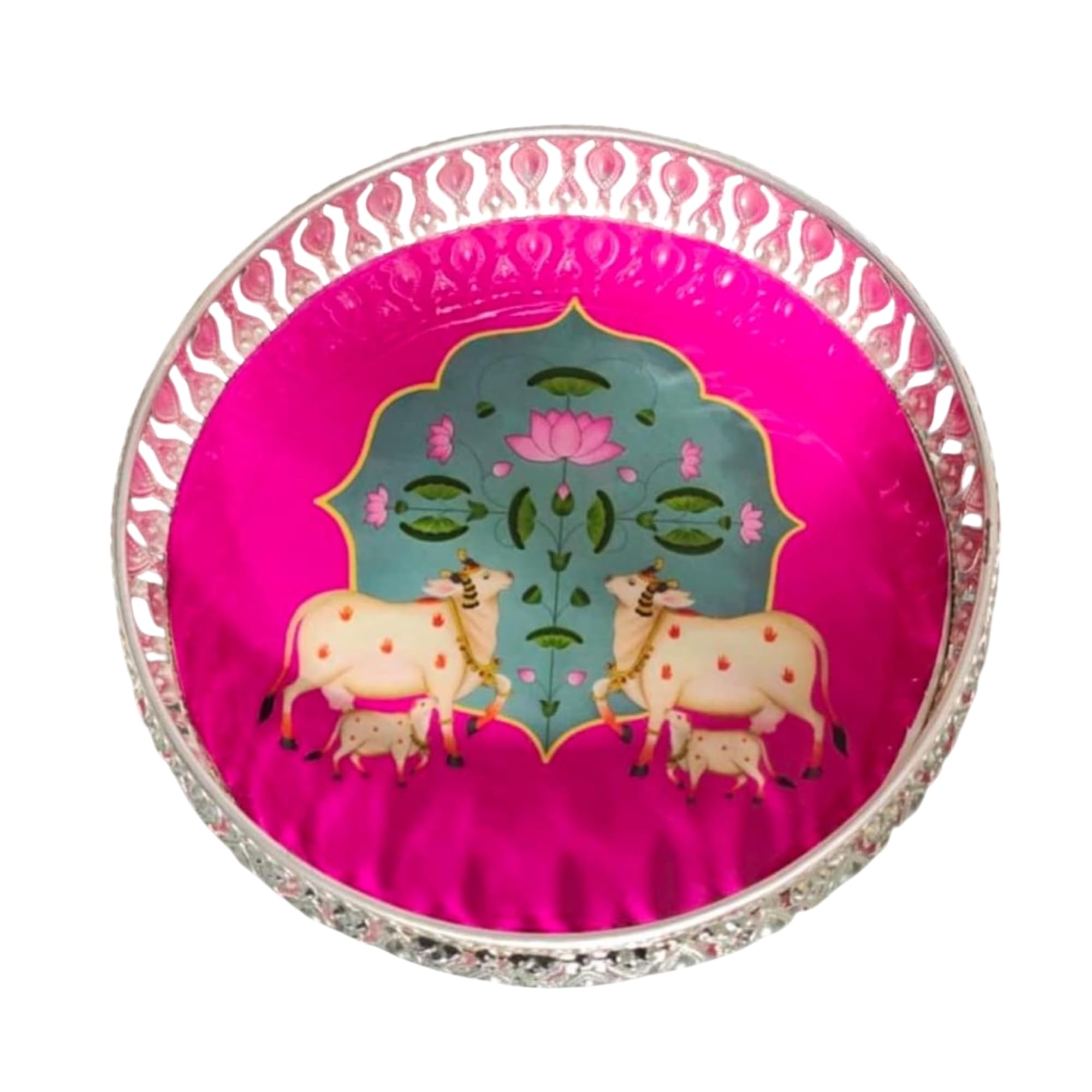 NESTORIA LIVING Pichwai Design Decorative Tray | German Silver Finish with Pink Detailing | Handmade Artware for Home Décor & Gifting (pack of 2) 1