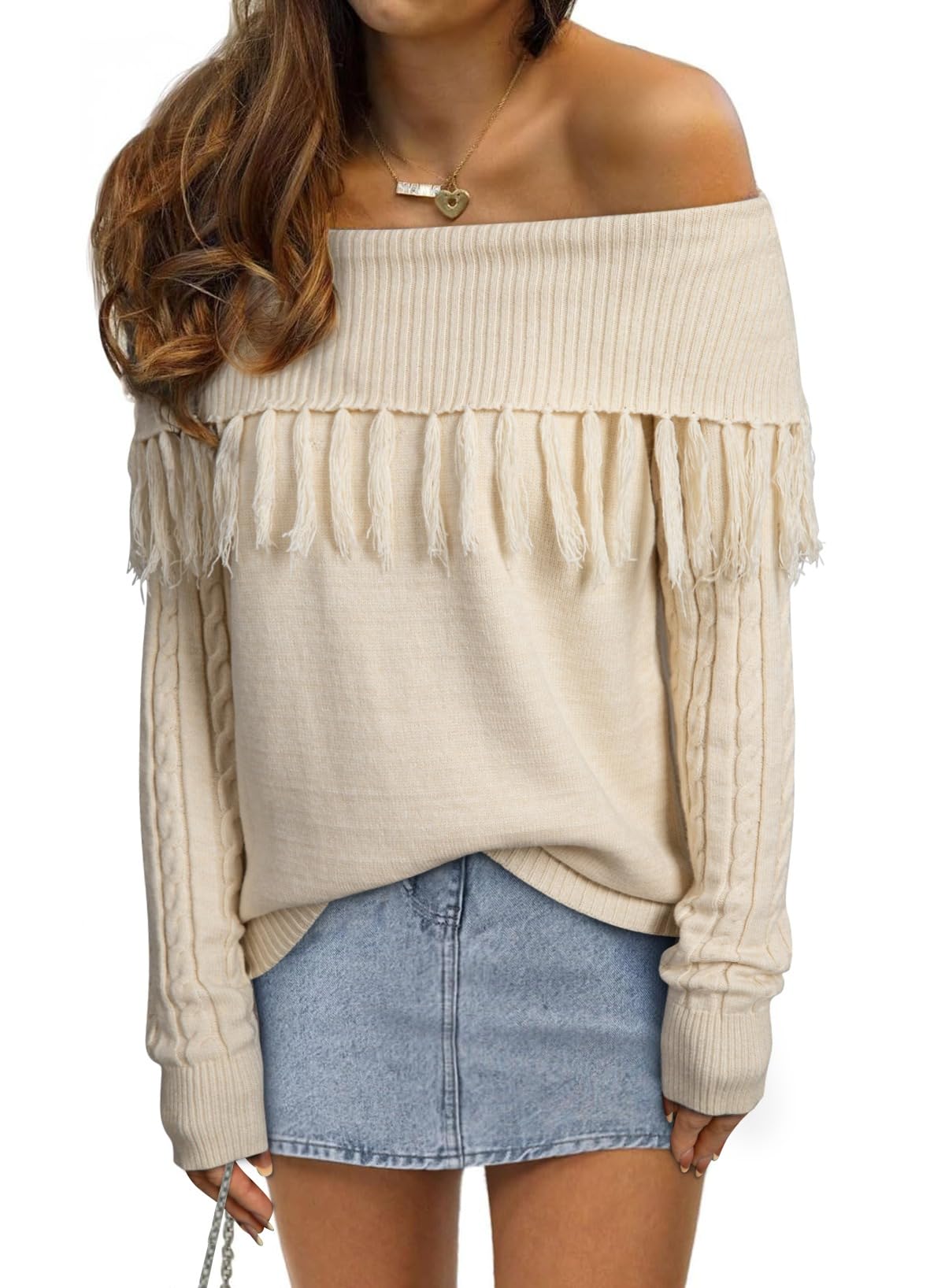 EVALESS Womens Off The Shoulder Sweater Fall Fringe Long Sleeve Loose Pullover Sweaters Tops