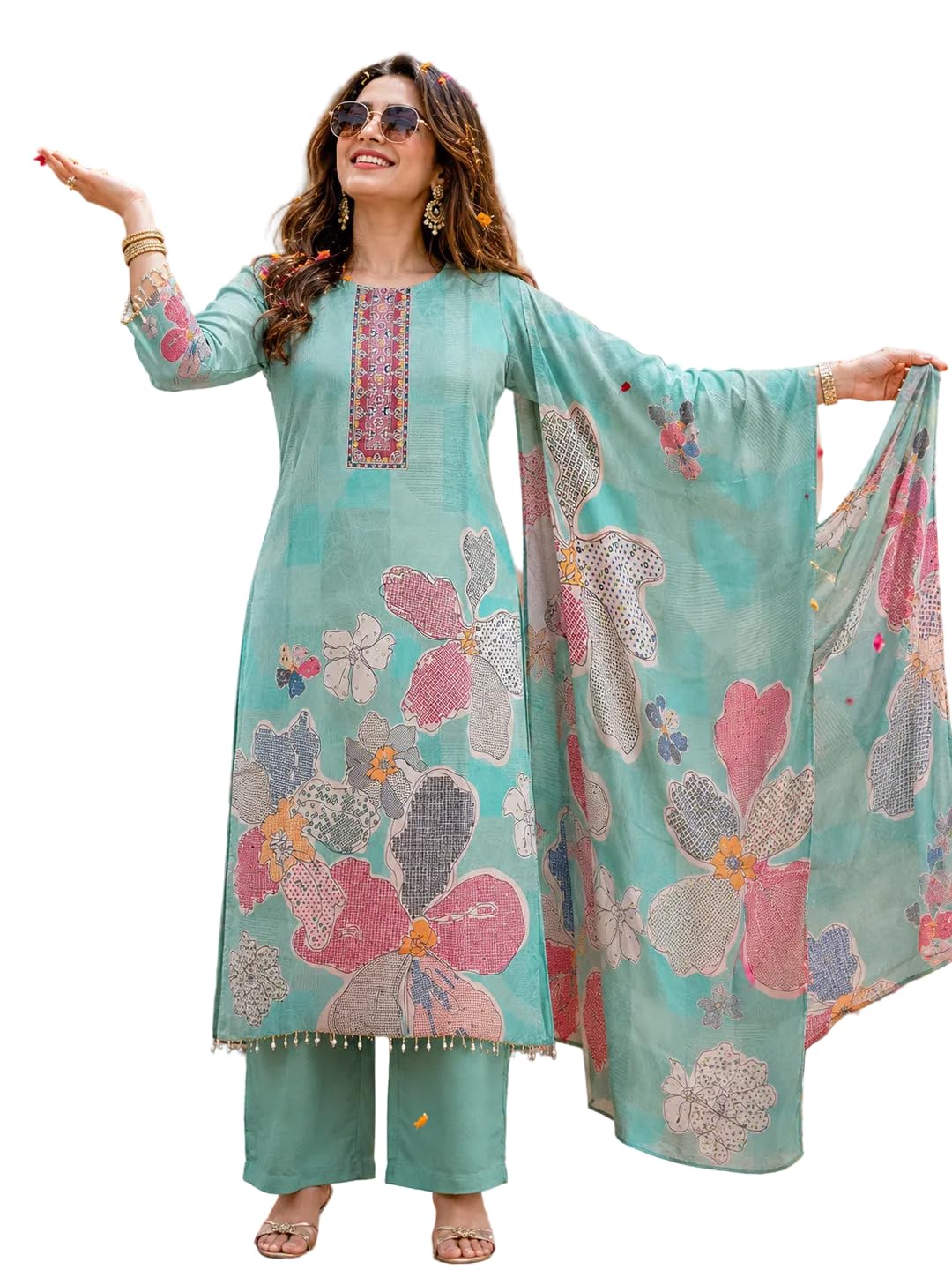 Women Purple Silk Printed & Mirror Embellished Kurta with Palazzo & Dupatta-image-20